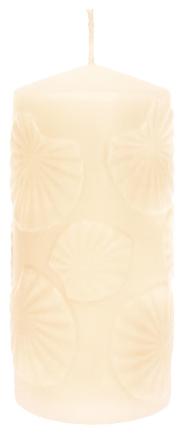 INNA-Glas Stumpenkerze Blockkerze ANDRIANE mit Seerosenblatt Motiv, creme, 15cm, Ø7cm, 63h