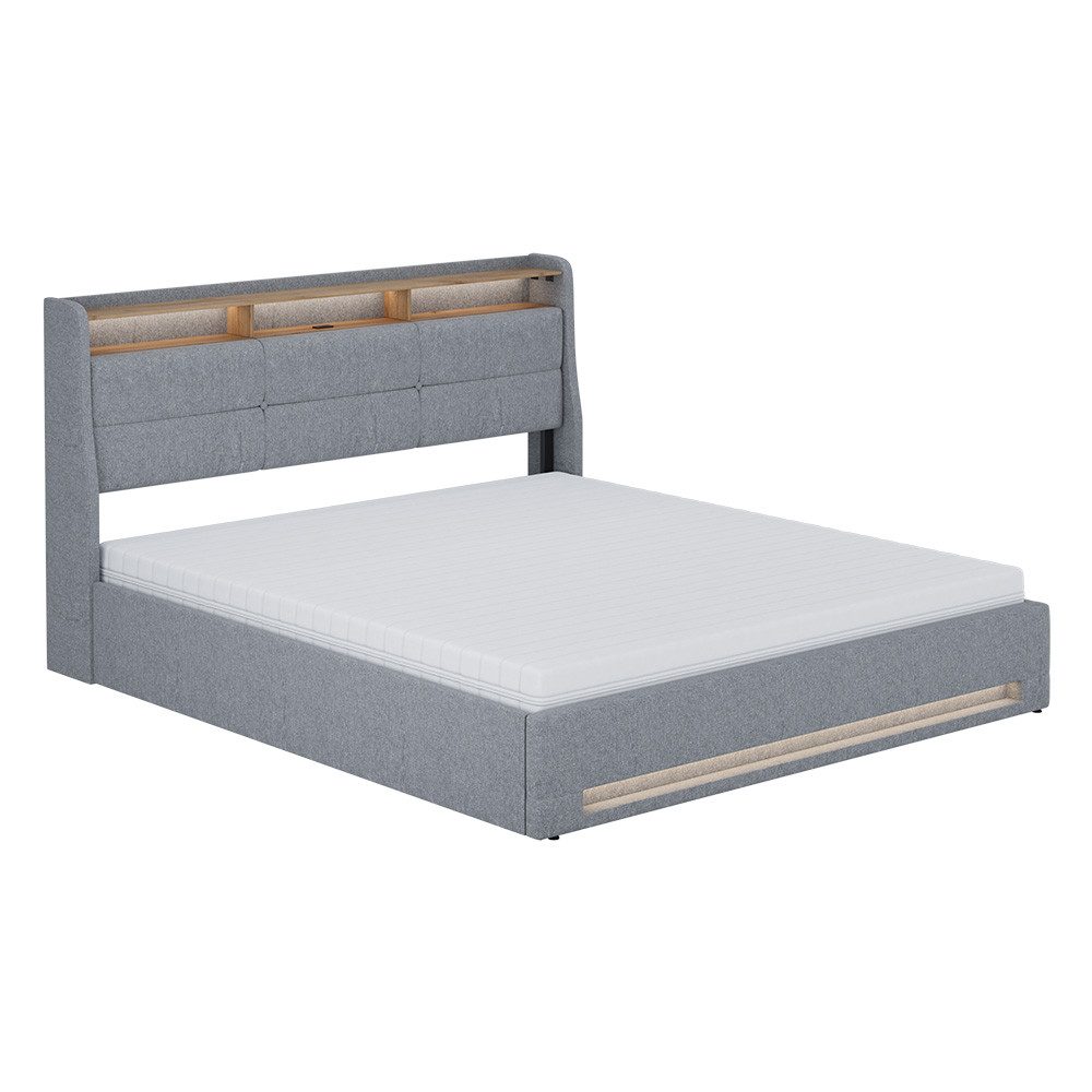 VitaliSpa® Polsterbett Christin, Grau/Eiche, 180x200 mit LED, USB-Anschluss & Matratze