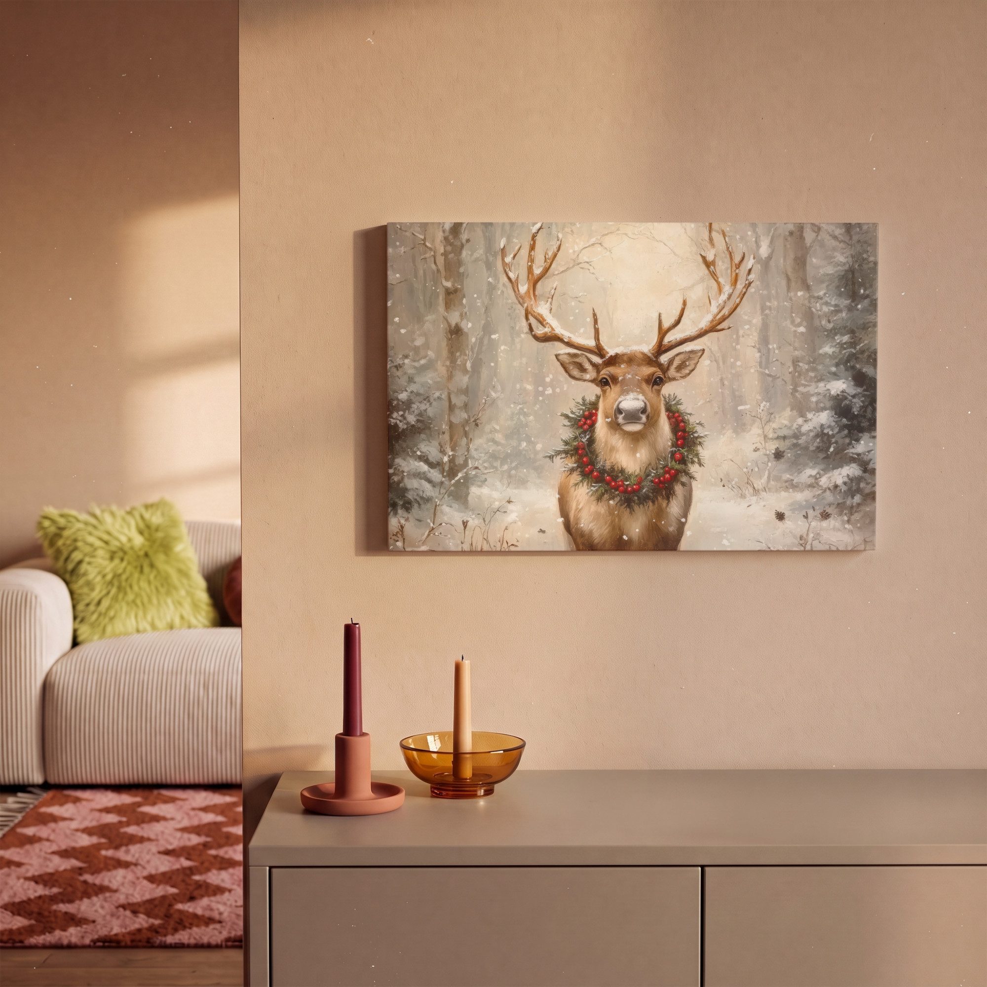 OneMillionCanvasses® Leinwandbild Weihnachten - Rentier - Winter - Kranz, Fotodruck (1 St), Wandbild, Deko Schlafzimmer Wohnzimmer Flur 20x20 cm – Bild 2 von 5