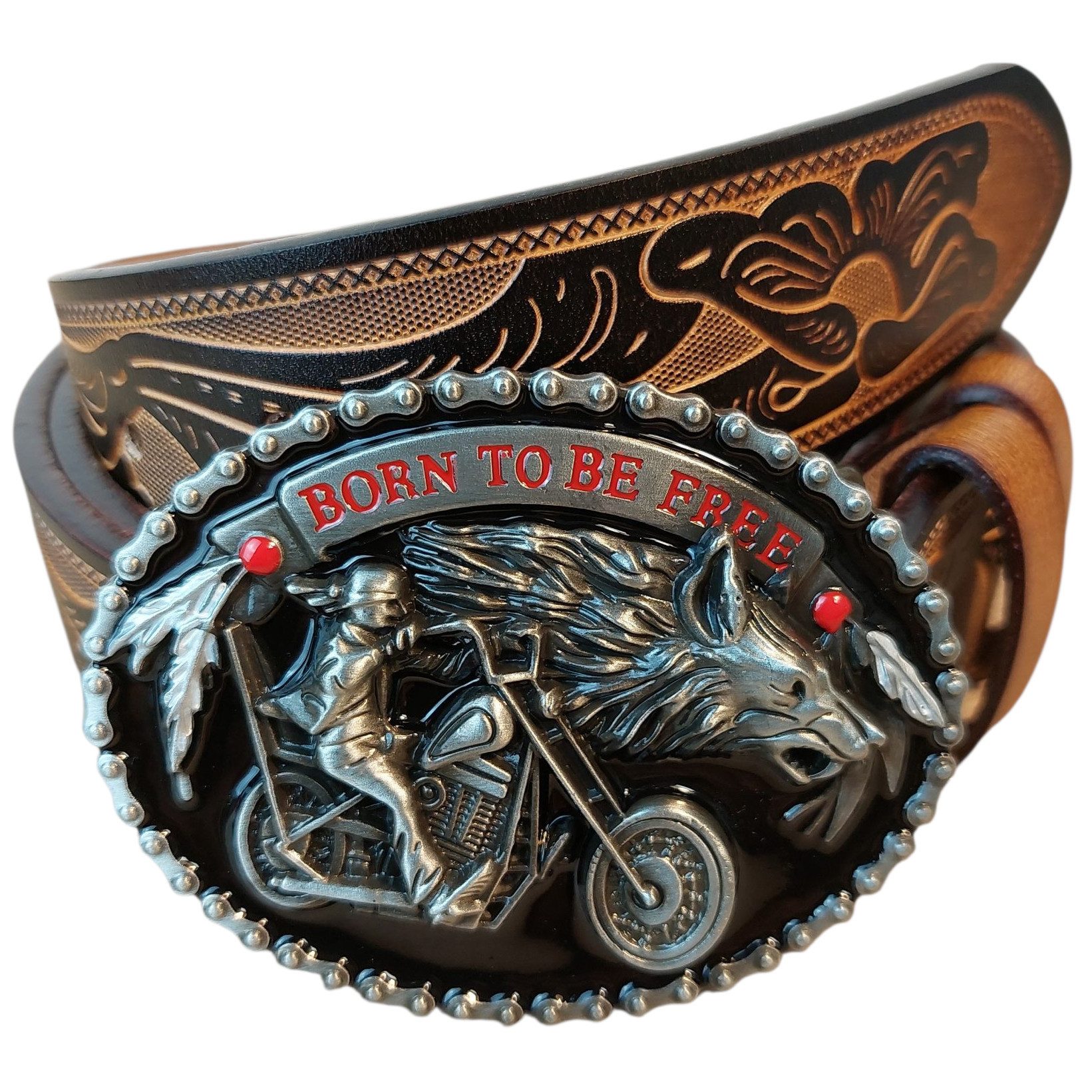 Ware aus aller Welt Ledergürtel Bikergürtel Leder brauner geprägter Herren günstig online kaufen