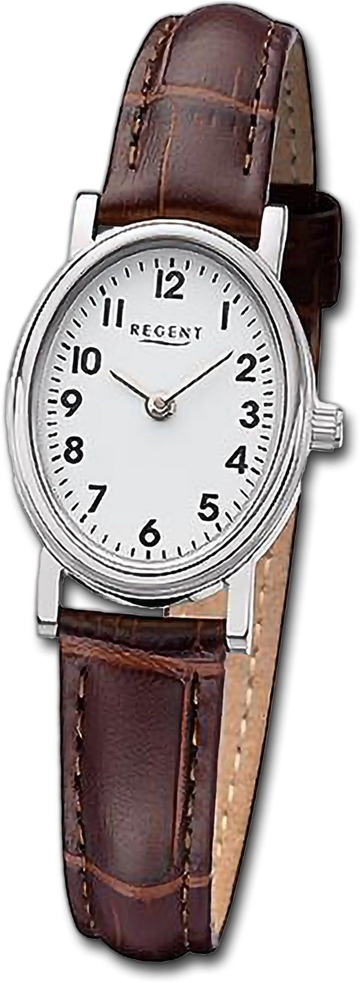 Regent Quarzuhr Regent Damen Armbanduhr Analog, Damenuhr Lederarmband braun, rundes Gehäuse, extra groß (ca. 28x32mm)