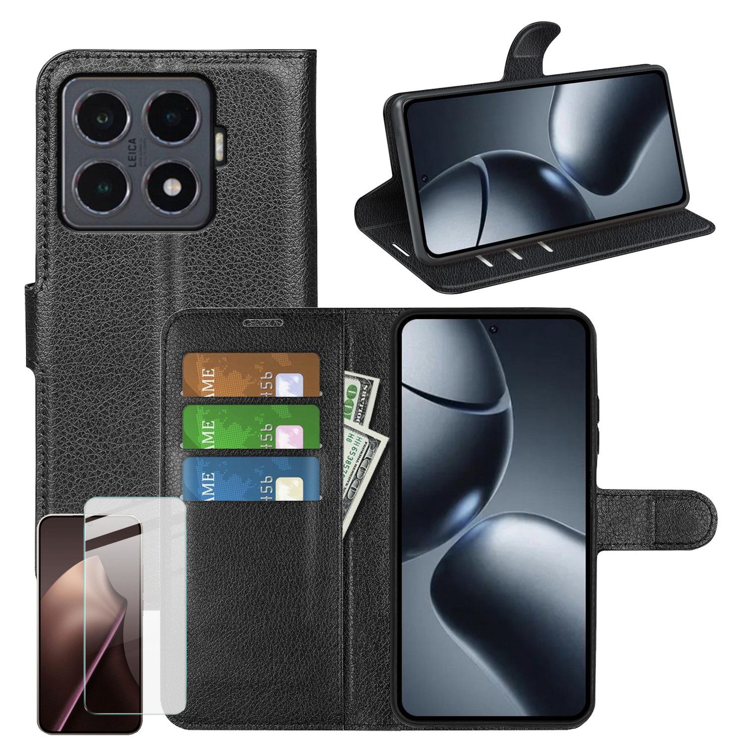 Wigento Smartphone-Hülle Für Xiaomi 15T Pro Kunstleder Book Wallet Hülle Schwarz + 9H Hart Glas, Produktset Kunst-Leder Tasche + H9 Hart Glas