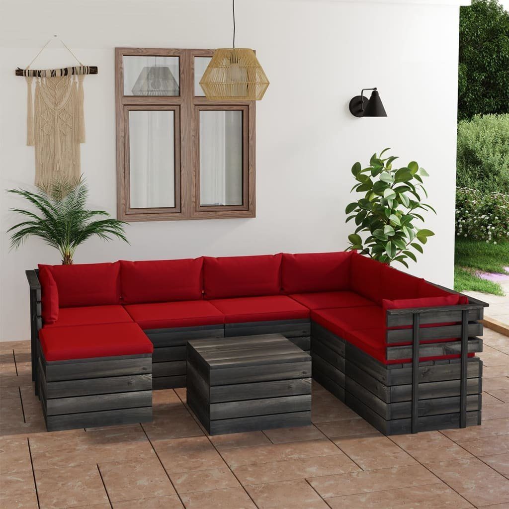vidaXL Gartenlounge-Set 8-tlg. Garten-Sofagarnitur aus Paletten mit Kissen Kiefernholz, (8-tlg) Rot