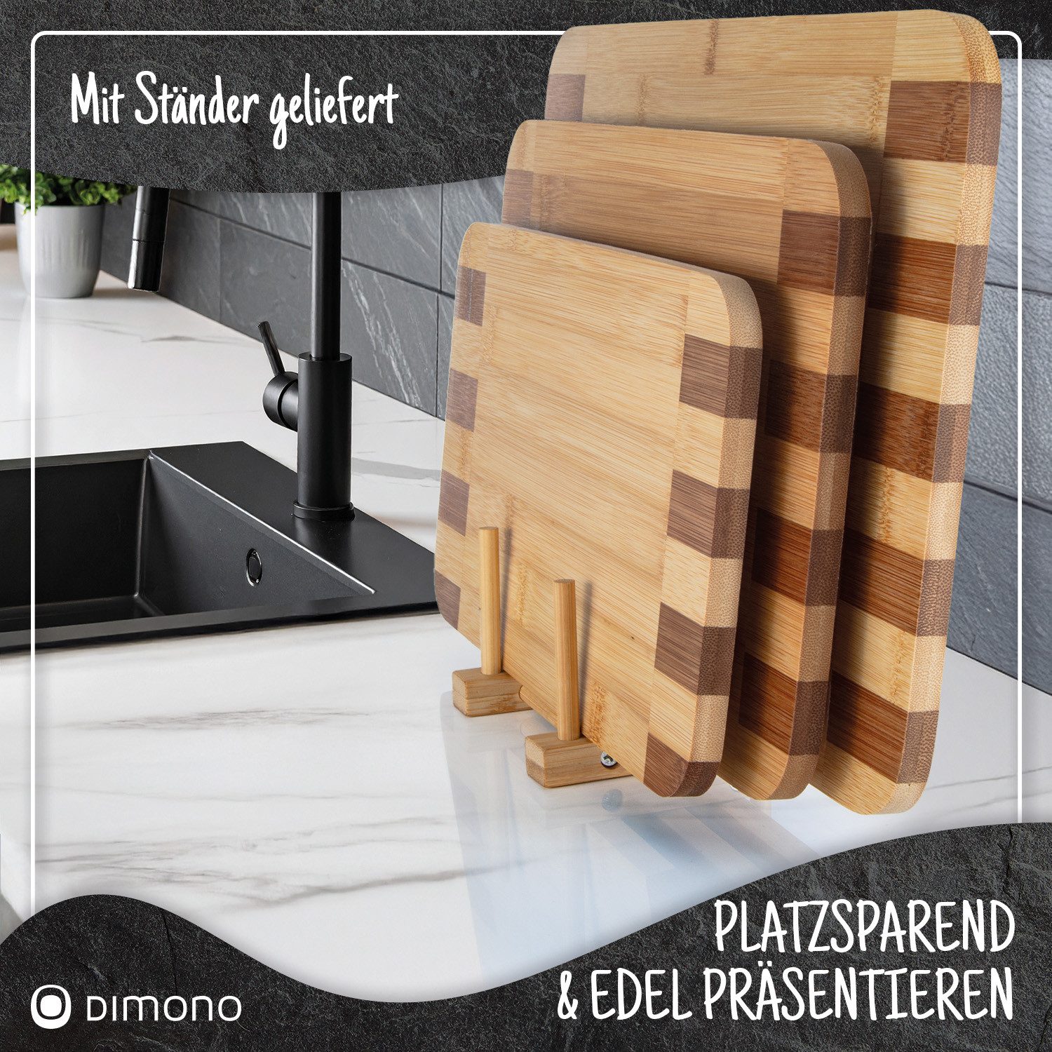 Dimono Schneidebrett 3-teiliges Schneidebrett-Set–Küchenbretter zum Schneiden und Servieren, Bambus, (3er Set, Küchenbrett), Brotzeit-Bretter