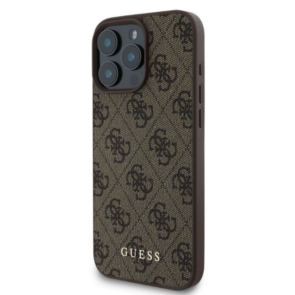 Guess Handyhülle Case iPhone 16 Pro Kunstleder braun mit goldfarbenen Logo 6,3 Zoll, Kantenschutz