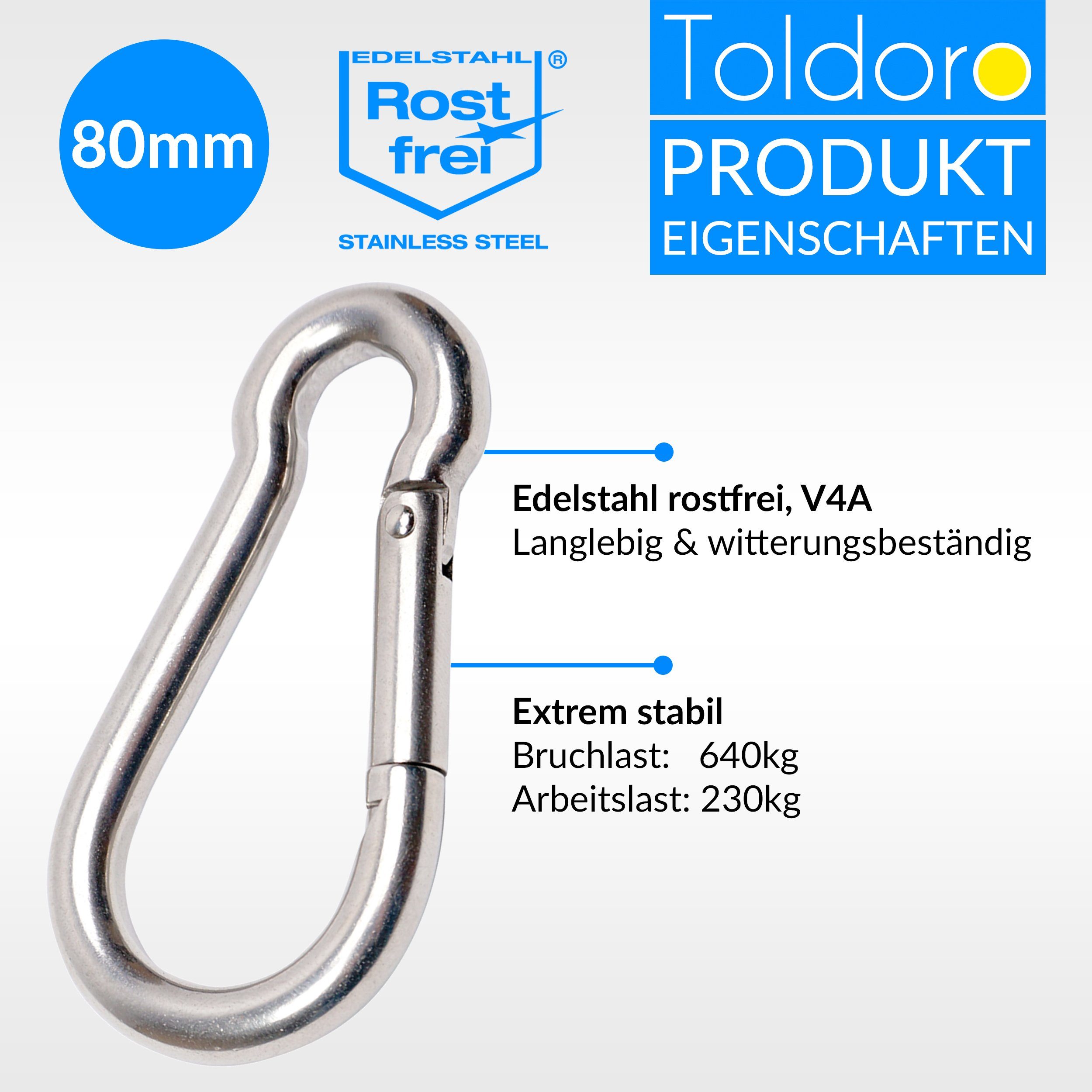 Toldoro Karabiner 2x Karabinerhaken Karabiner 80mm Karabinerhaken Edelstahl (2 Edelstahl Schnapphaken Feuerwehrkarabiner V4A Schnapphaken Karabiner 2x Feuerwehrkarabiner, St), 80mm V4A