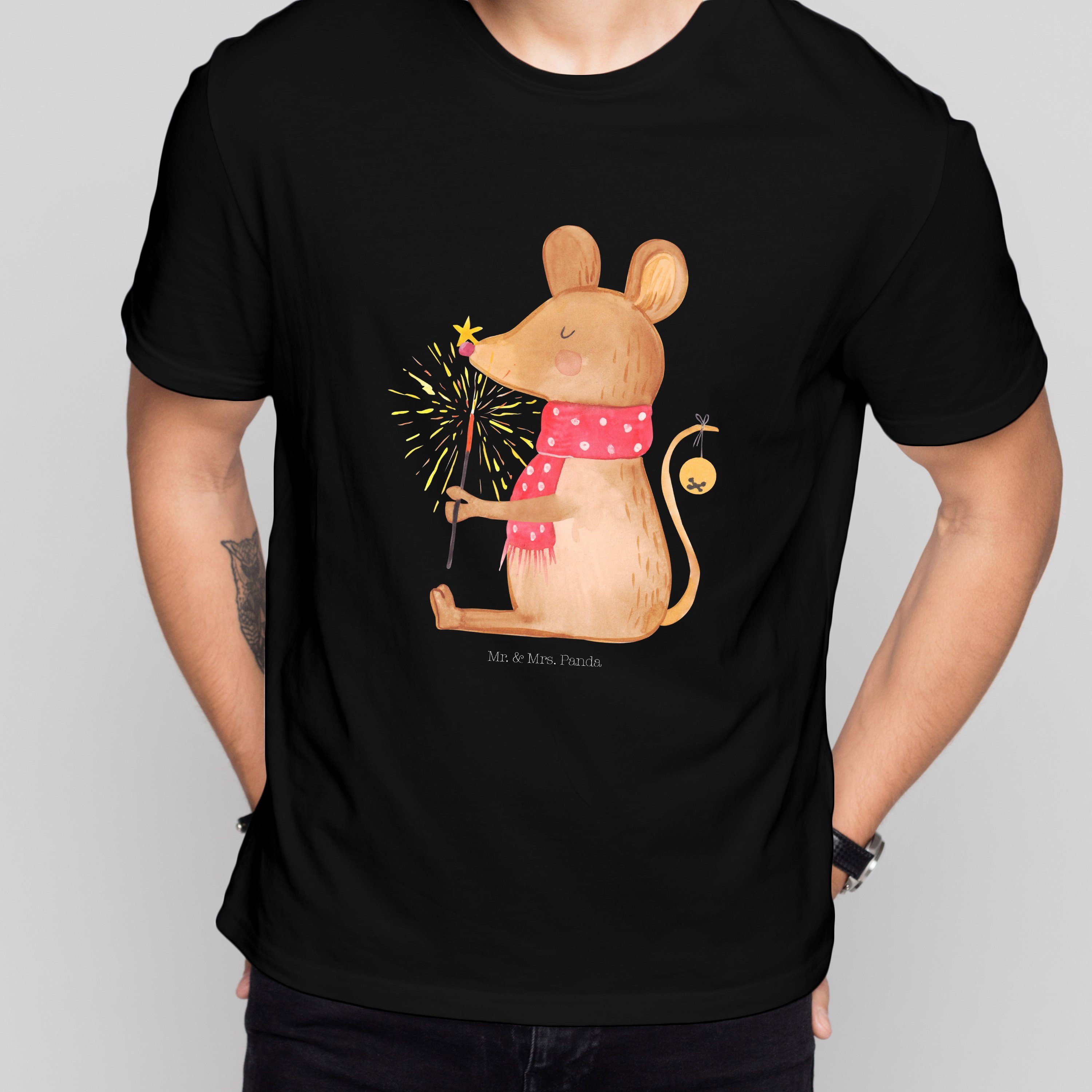 Mr. & Mrs. - (1-tlg) Weihnachtsmaus Shirt, - Schwarz Spruc Panda T-Shirt mit Geschenk, T-Shirt Tshirt