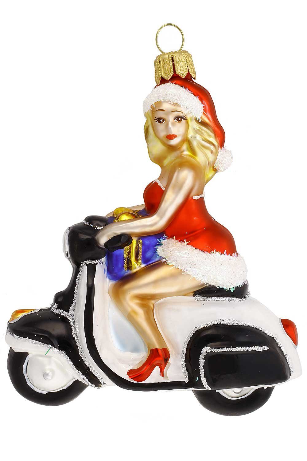 Hamburger Weihnachtskontor Christbaumschmuck Ms. Santa auf Motorroller schwarz-weiß, Dekohänger - mundgeblasen - handdekoriert