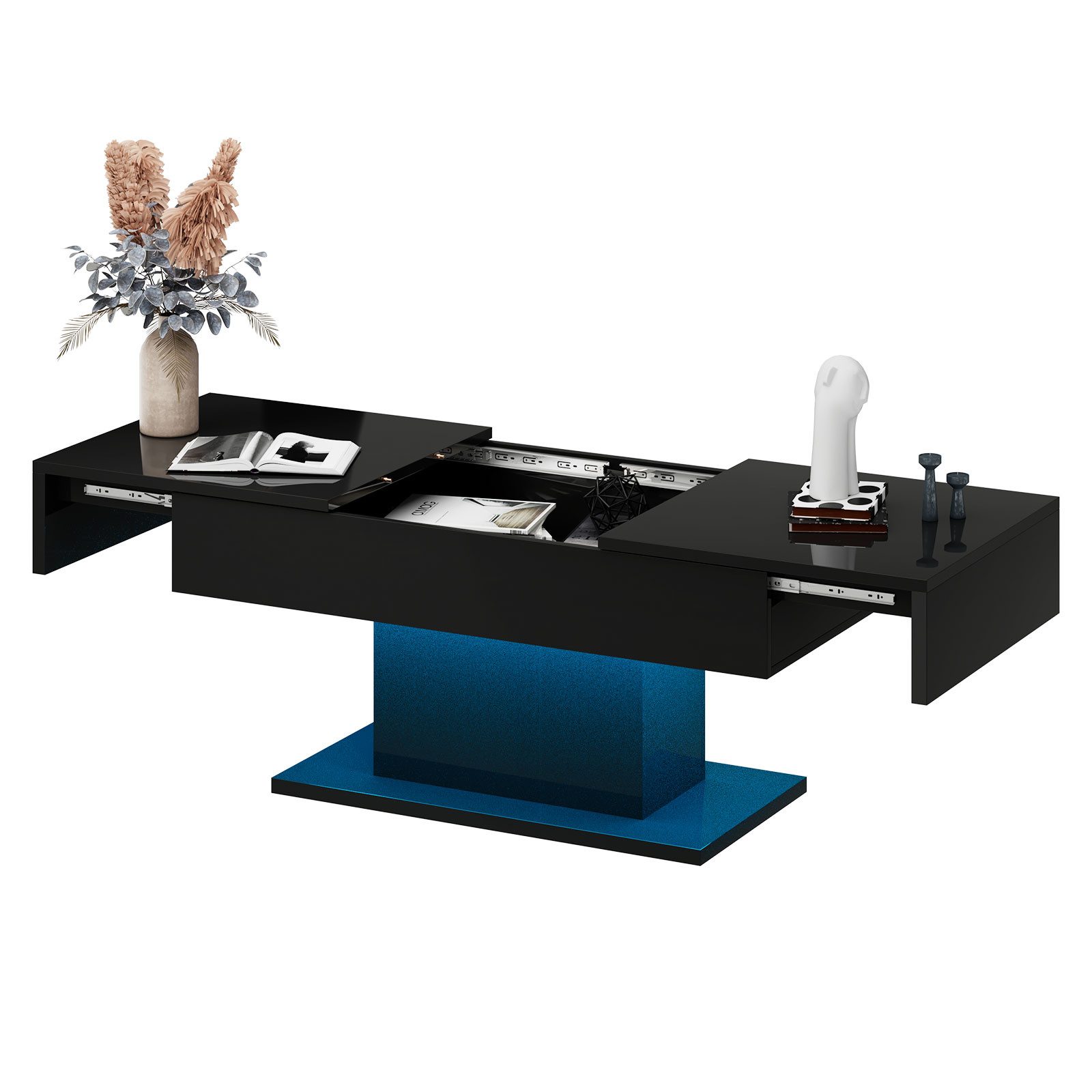 radelldar Couchtisch Hochglanz ausziehbar, 108-175x53x49cm (1-St), Wohnzimmertisch mit Stauraum für Sofa, LED-Beleuchtung