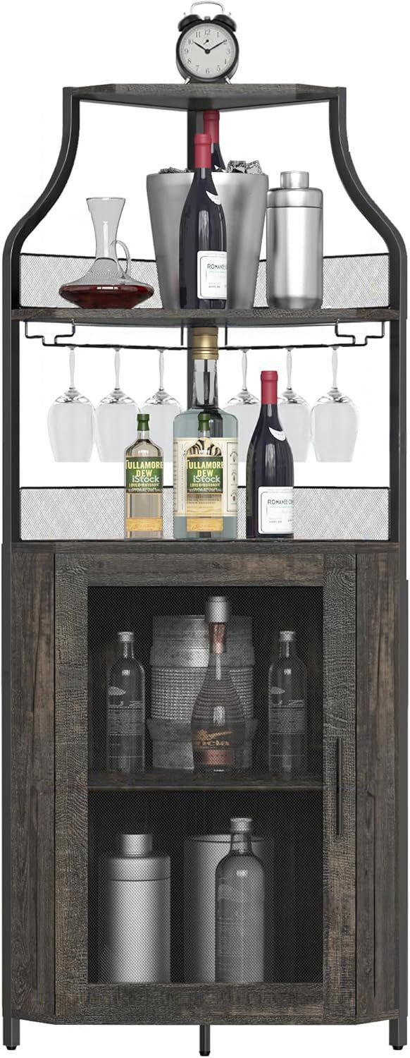 GarveeMore Eckschrank 5-stöckiges mit Glasständer und verstellbaren Regalen,47x32x154cm industrielles Eckschrank,Weinschrank mit Türen aus Metallgitter fürbar