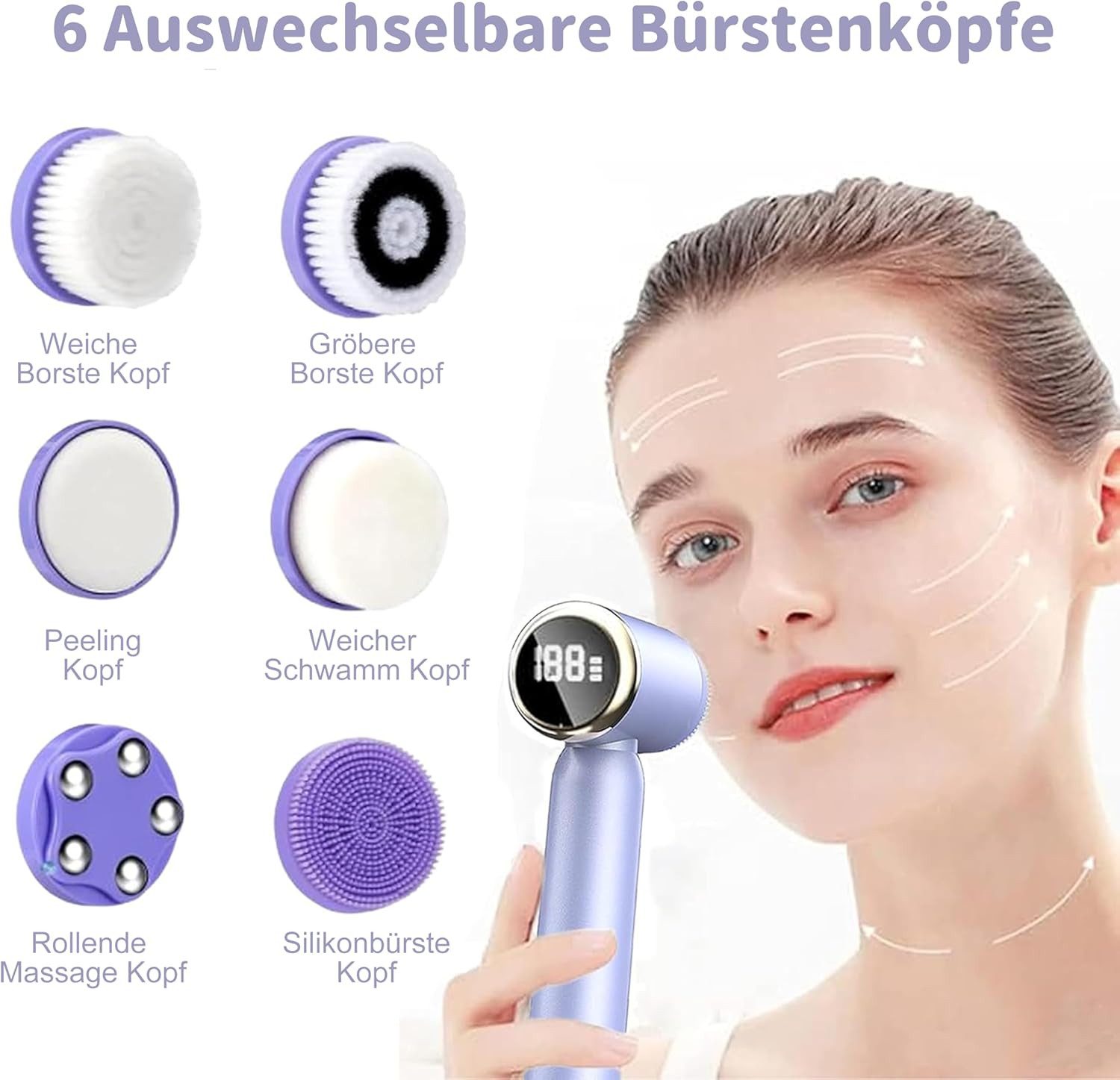 MOPUEA Elektrische Gesichtsreinigungsbürste 6-in-1 Motorisierte Gesichtsreinigungsbürste mit 6 Bürstenköpfen