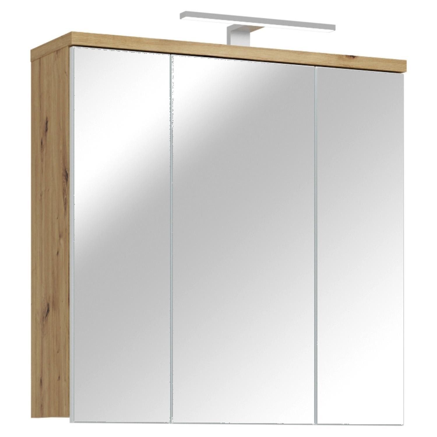 FORTE Spiegelschrank VERIS, B 69 x H 68 x T 20 cm, Artisan Eiche Dekor, 3-türig, mit LED-Aufsatzleuchte