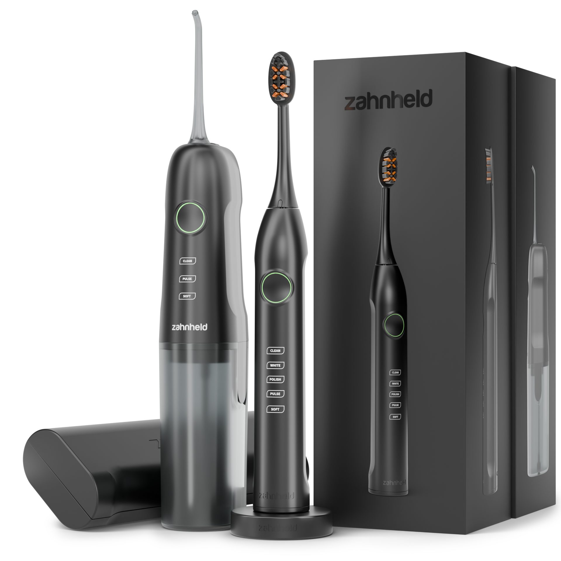 Zahnheld Elektrische Zahnbürste Schallzahnbürste Gero mit Munddusche & Etui schwarz/weiß, 10 Wo Akku, Elektrische Zahnbürste & Zahndusche, Mundpflege, Reisezahnbürste mit Schall, Water Flosser, Wasserstrahl