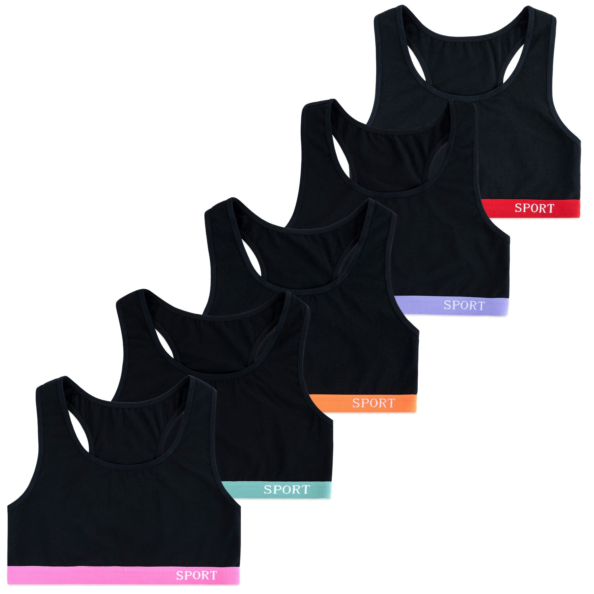 LOREZA Bustier 5er Set Mädchen X-Rücken Bustier - Sport - Schwarz (Set, 5-tlg., 5er-Pack)