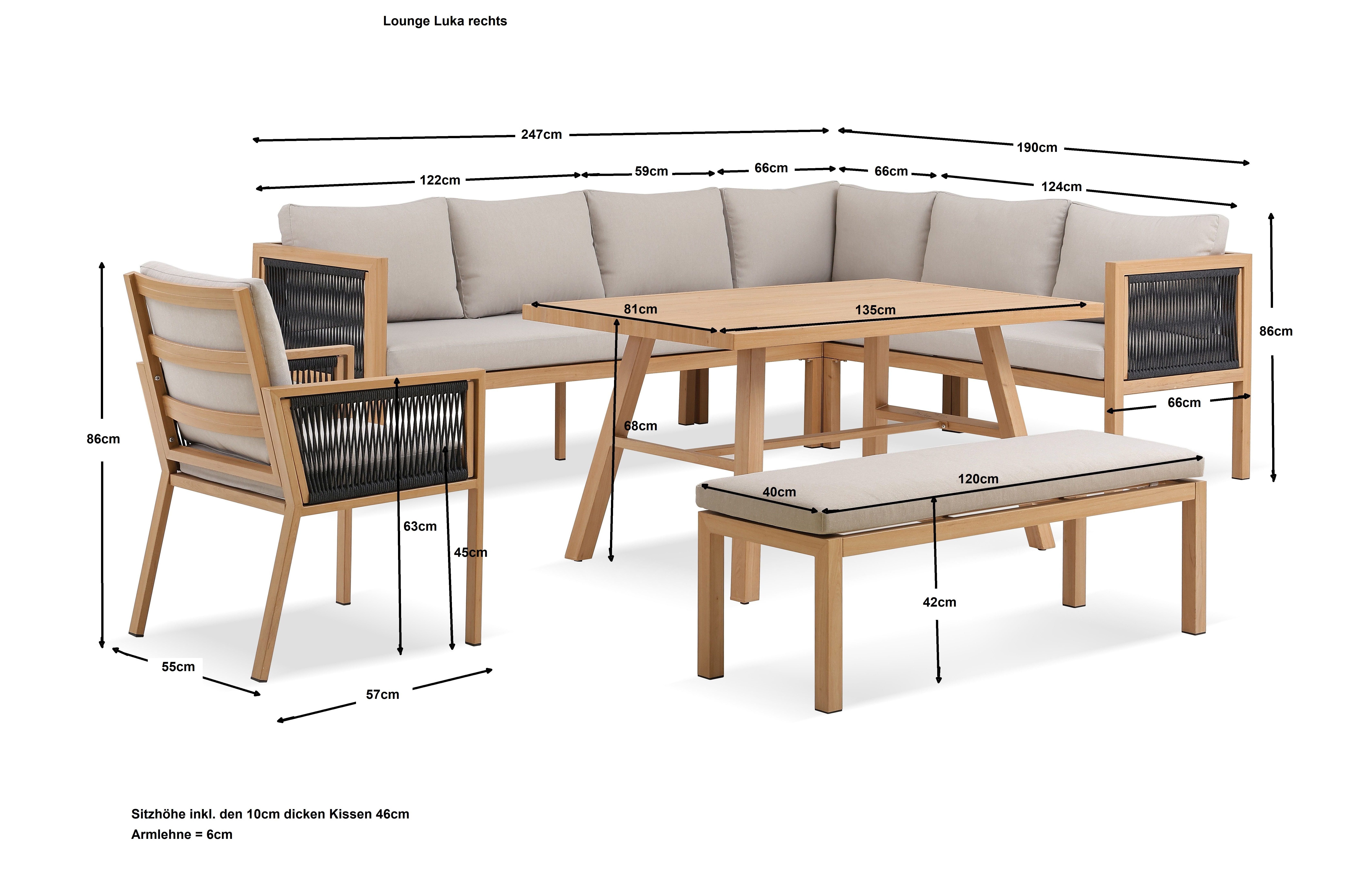 Gardissimo Gartenlounge-Set Luka rechts / Alu / Gartenmöbelset / Dining Lounge / Holz Optik, (Spar-Set, 4-tlg., Komplett-Set), inkl. Auflagen / wetterfest / pflegeleicht / Outdoor