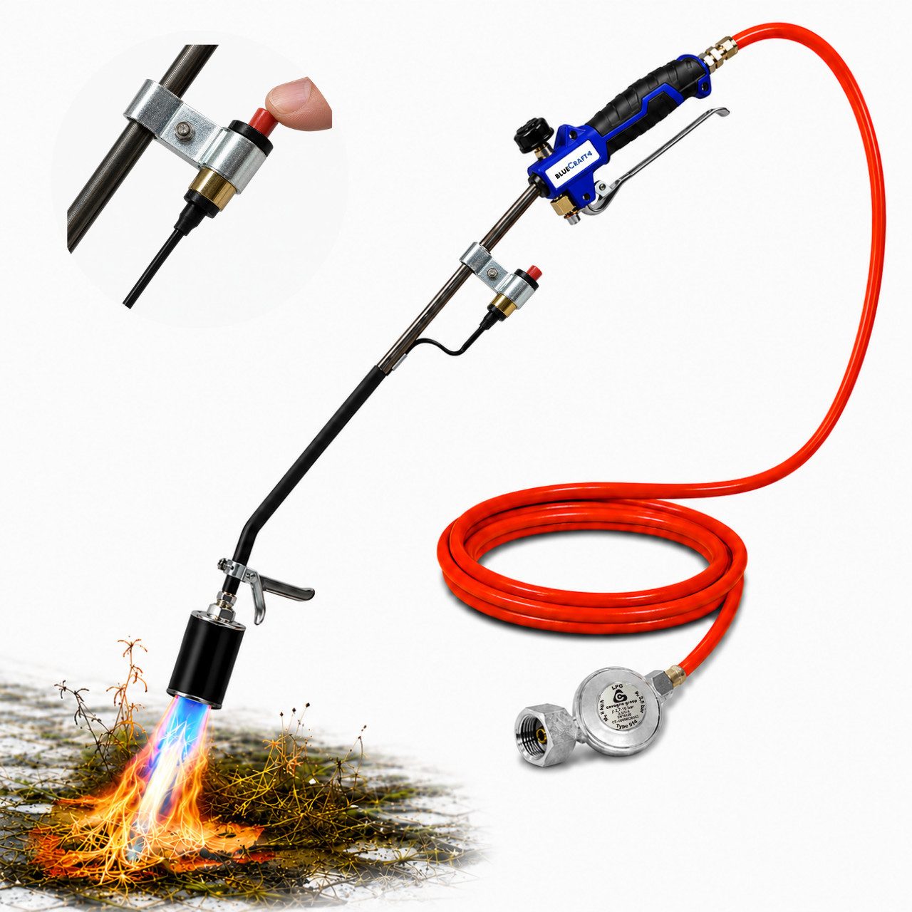 BlueCraft Unkrautbrenner Abflammgerät Unkraut Gasbrenner Unkrautvernichter, (für Teerarbeiten, Unkrautbeseitigung Druckminderer), Gas 69 kW mit Gasdruckregler Druckminderer