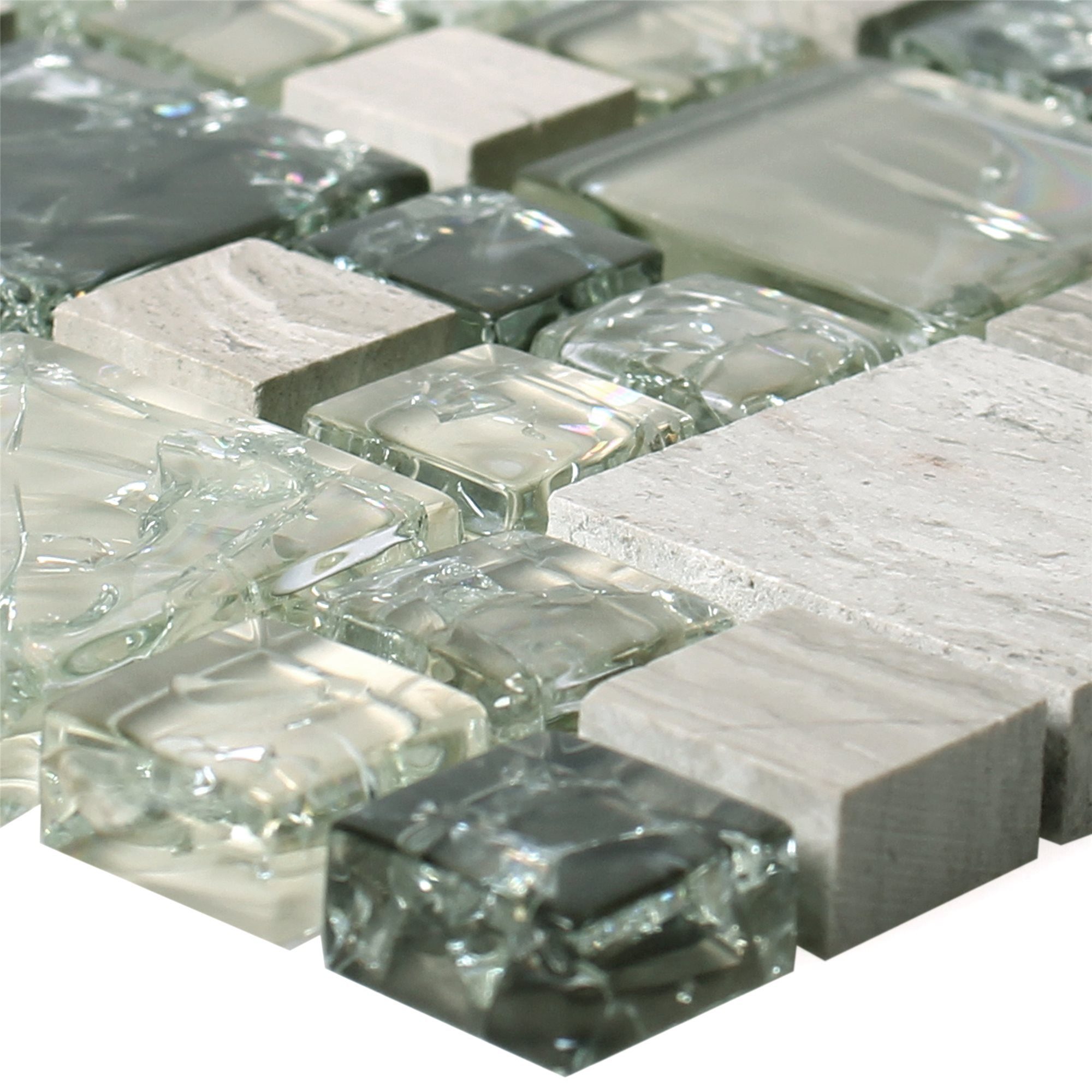 Mosafil Mosaikfliesen Glas Marmor Mosaikfliesen Malawi Bruchglas 2 Mix, Naturstein-Glas-Marmor 30.500x30.500, braun-grau-grün, Verlegefertig auf ein Netz geklebt - Frostsicher - Wasserfest