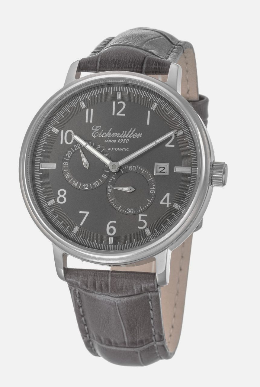 Eichmüller Automatikuhr RE7024, 42 mm – Herrenuhr mit grauem Zifferblatt & Lederband, Klassisches Design mit Sichtboden & Automatikwerk