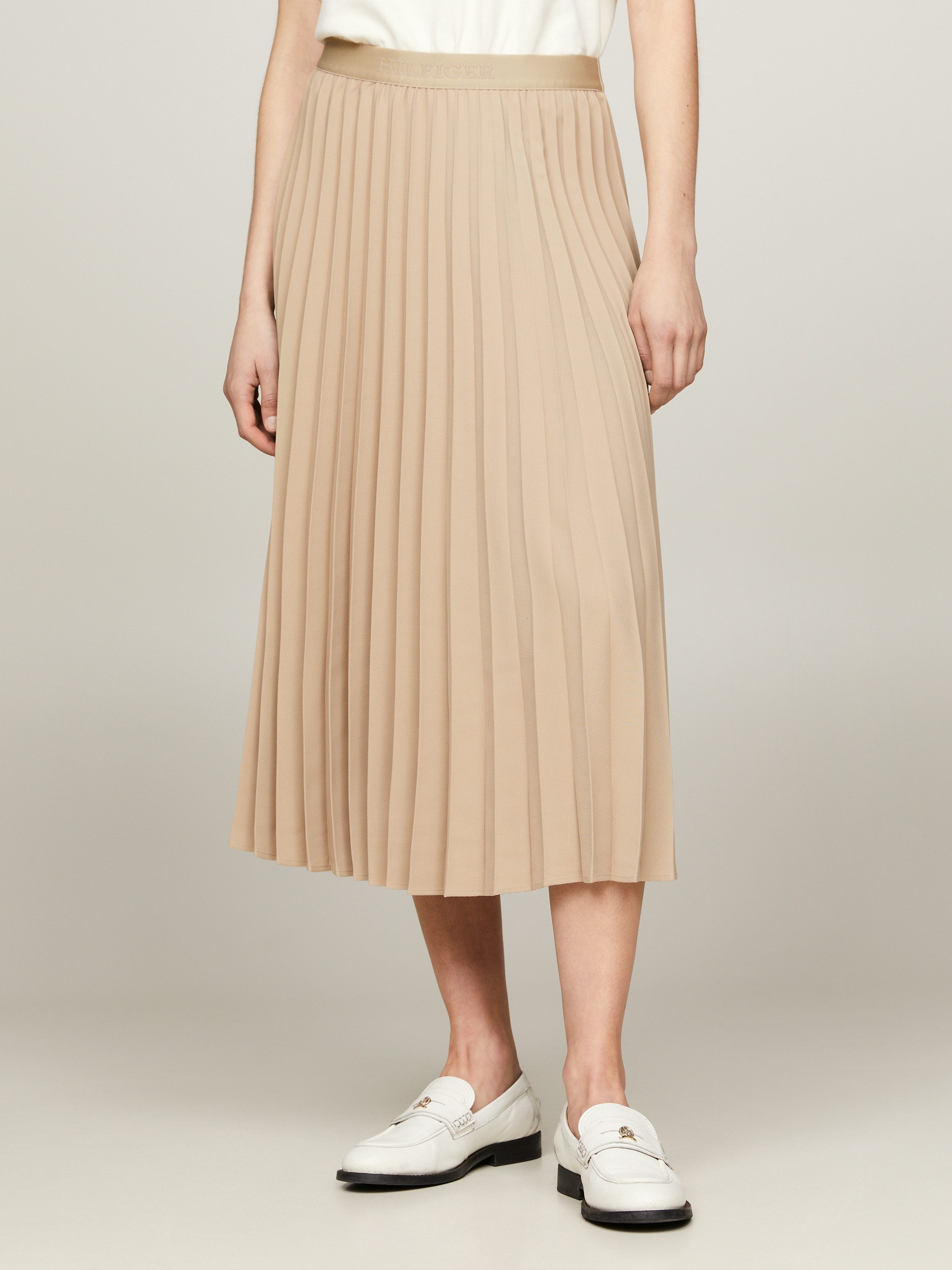 Tommy Hilfiger Plisseerock FLUID TWILL PLEATED MIDI SKIRT Webrock mit Markenlabel