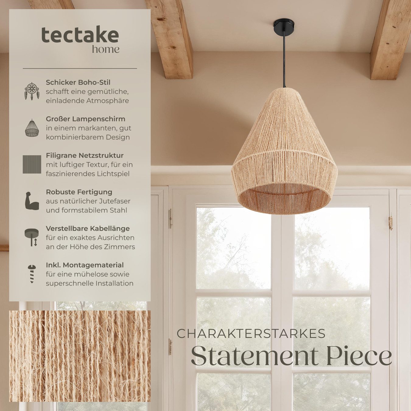 tectake Deckenleuchten Pendelleuchte Suri aus Jute im Boho-Stil, 40W, Stilv günstig online kaufen