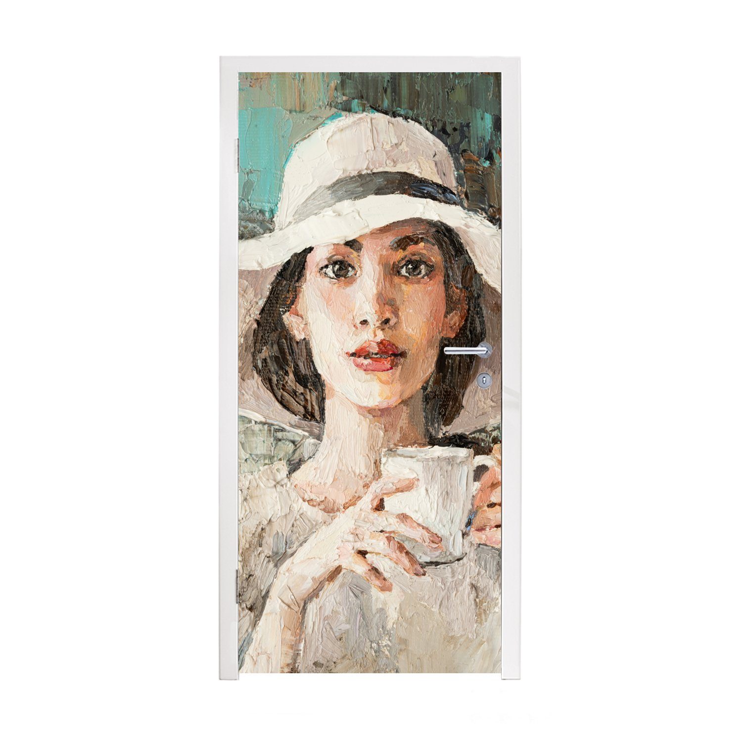 75x205 (1 - Türaufkleber, Türtapete für Kaffee - Gemälde - Matt, Hut, bedruckt, MuchoWow Frau Ölfarbe St), cm Tür, Fototapete -