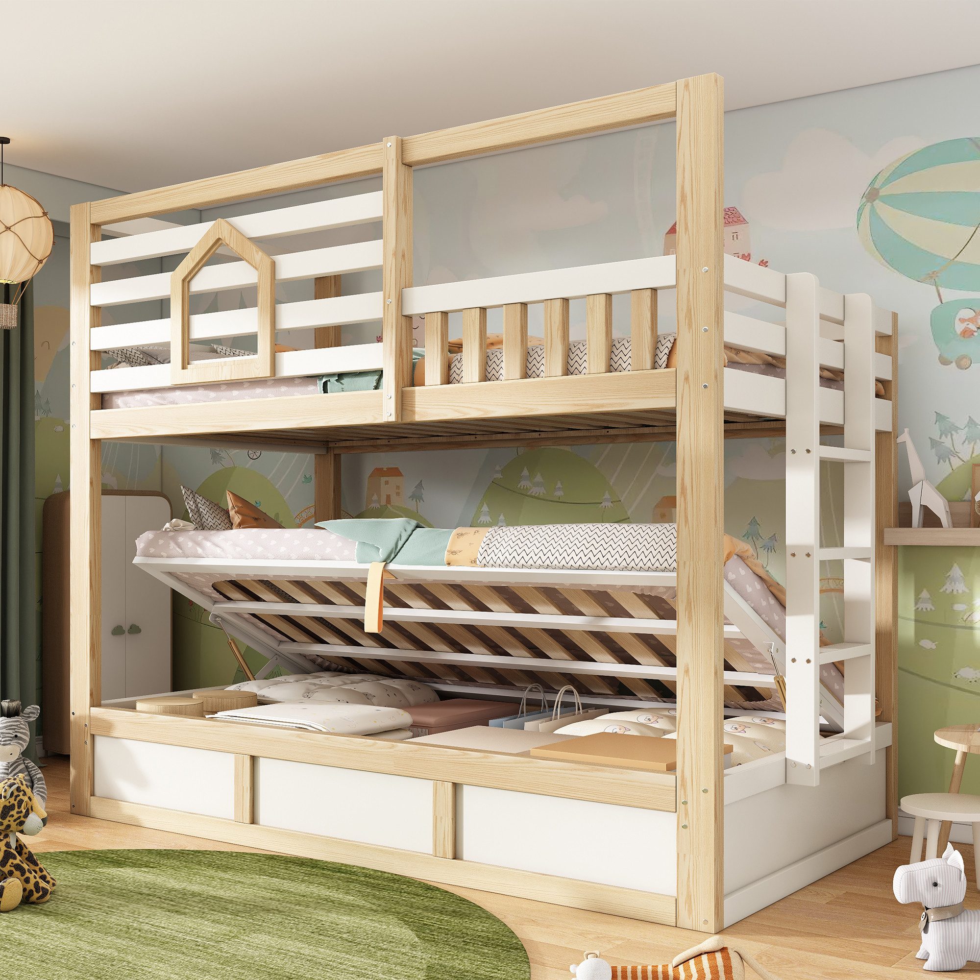 Flieks Etagenbett, Haus-Design Kinderbett 90x200cm mit Hydraulik-Unterbett und Leiter