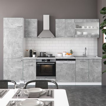 Livinity® Küchenzeile R-Line, Beton/Weiß, 300 cm, AP Eiche