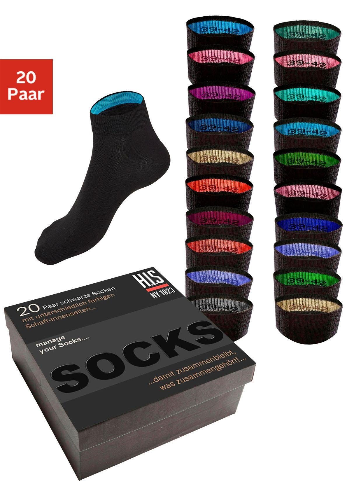 H.I.S Kurzsocken für Damen und Herren, perfekt zu sortieren, mit farbigen Innenbündchen (Box, 20-Paar, Gr. 35-38 bis 47-48) in praktischer Geschenkbox für Beruf und Freizeit