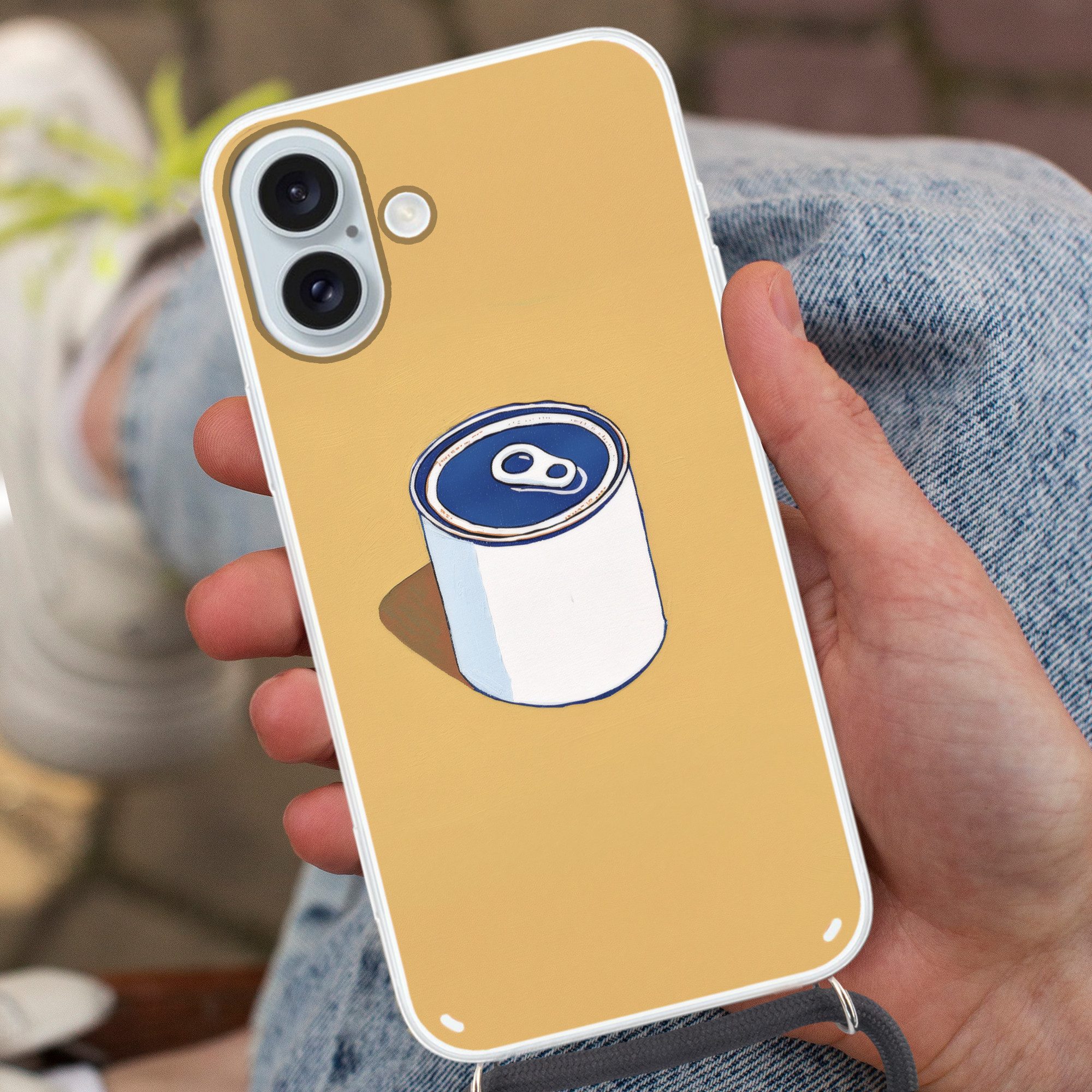 MuchoWow Handyhülle für Apple iPhone 16 Plus Dose - Minimalistisch - Blau - Illustration, Tragbare Handyhüllen mit Kette zum umhängen, Handykette Handyband