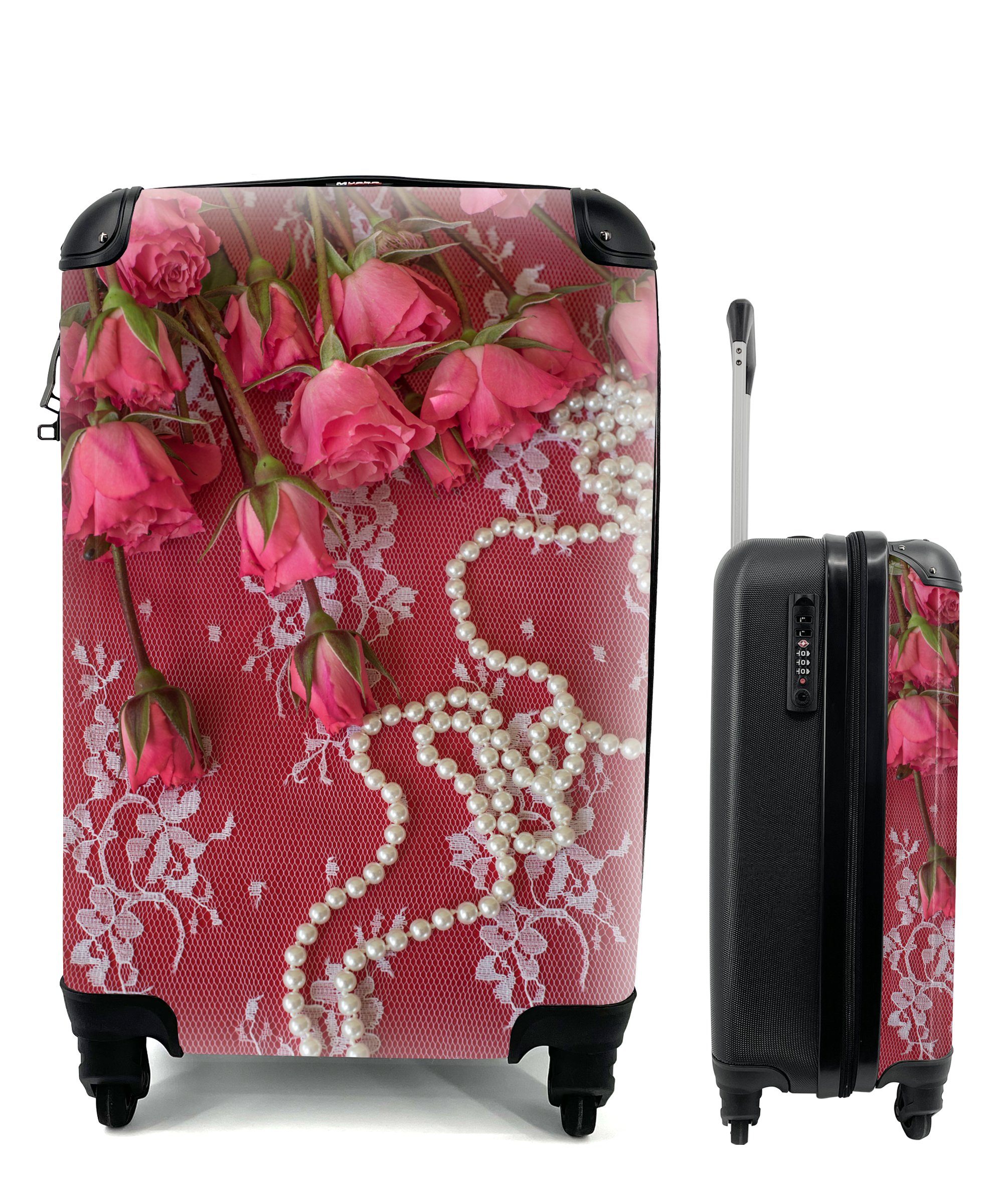 MuchoWow Handgepäckkoffer Perlenketten entlang Bouquet mit rosa Rosen, 4 Rollen, Reisetasche mit rollen, Handgepäck für Ferien, Trolley, Reisekoffer