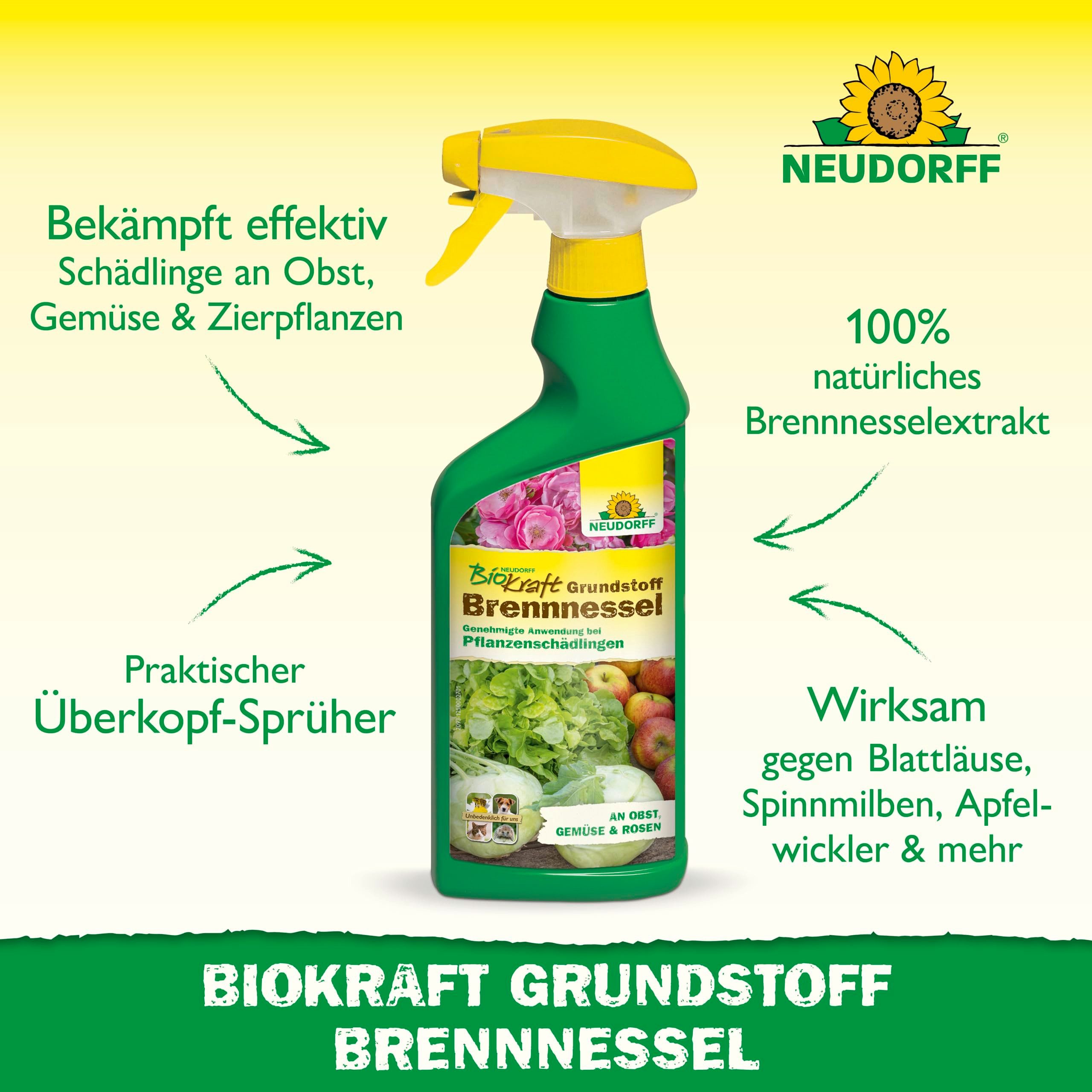 Neudorff Insektenspray Neudorff BioKraft Grundstoff Brennnessel AF 500 ml für 16,5m², 0.5 l, Anwendungsfertiges Spray zur Abwehr von Schädlingen an Obst, Gemüse und Zierpflanzen, Anwendungsfertiger Brennnessel-Grundstoff
