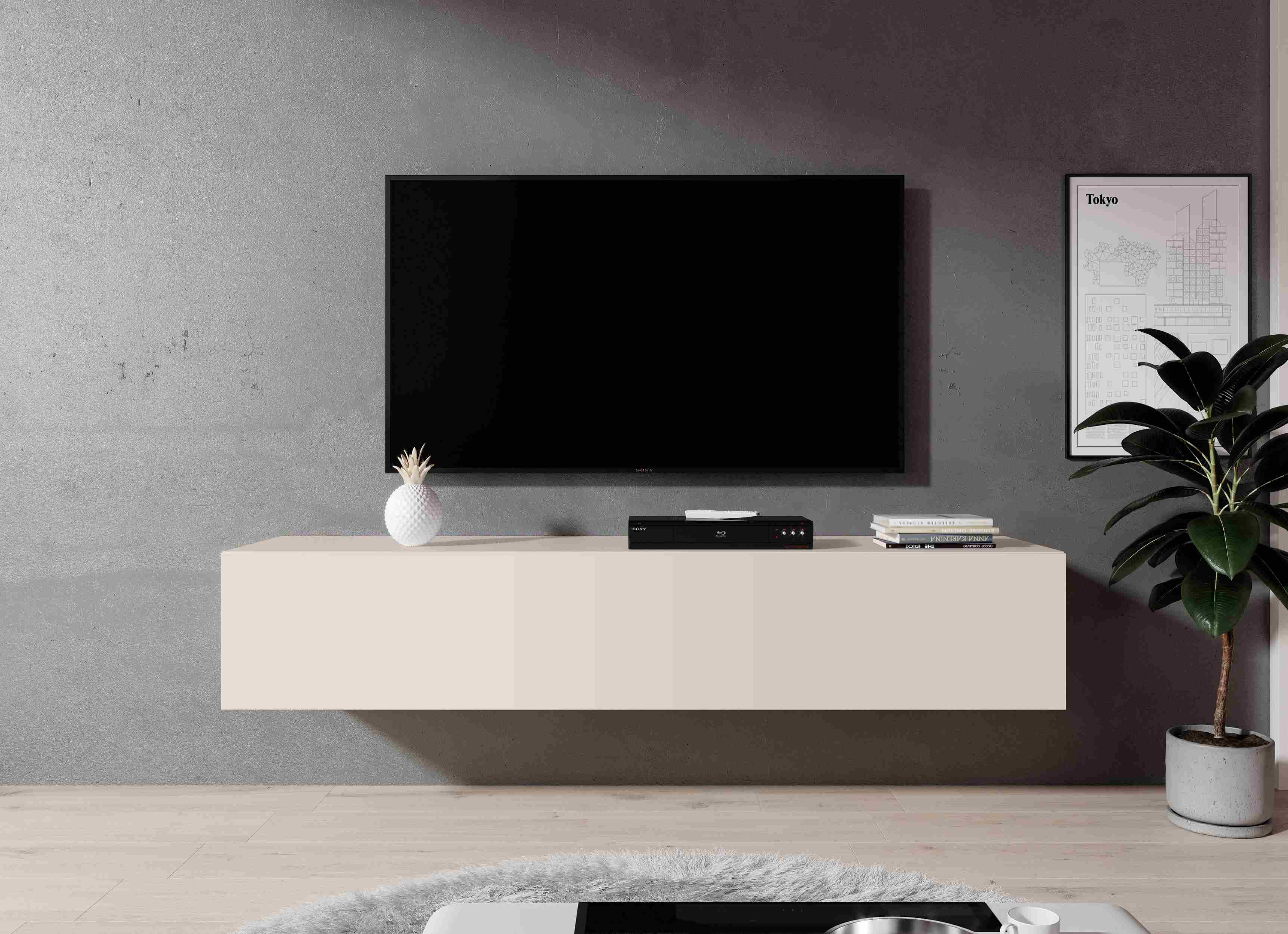 Furnix TV-Schrank ZIBO 160 cm Lowboard TV-Kommode Fernehschrank Beige 3 Fächer, Design & Funktionalität, B160 x T32 x H35