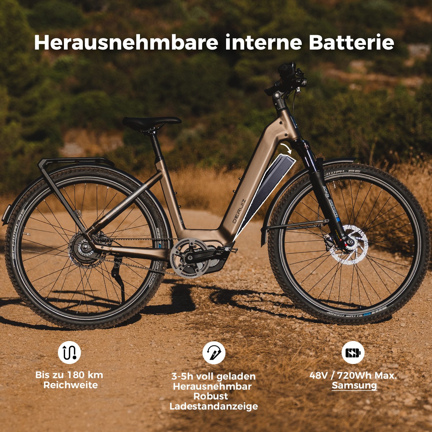 DERUIZ E-Bike Mountainbike Mica Pro 29 Zoll, 48 cm, 180 kg Gesamtgewicht, Samsung-Akku, Nabenschaltung, Mittelmotor, 720 Wh, (Trittfrequenz- und Drehmomentsensor, Lockout-Federgabel, Tiefeinsteiger), ENVIOLO stufenlos, 180-mm-Bremsen, Johnny Watts 365