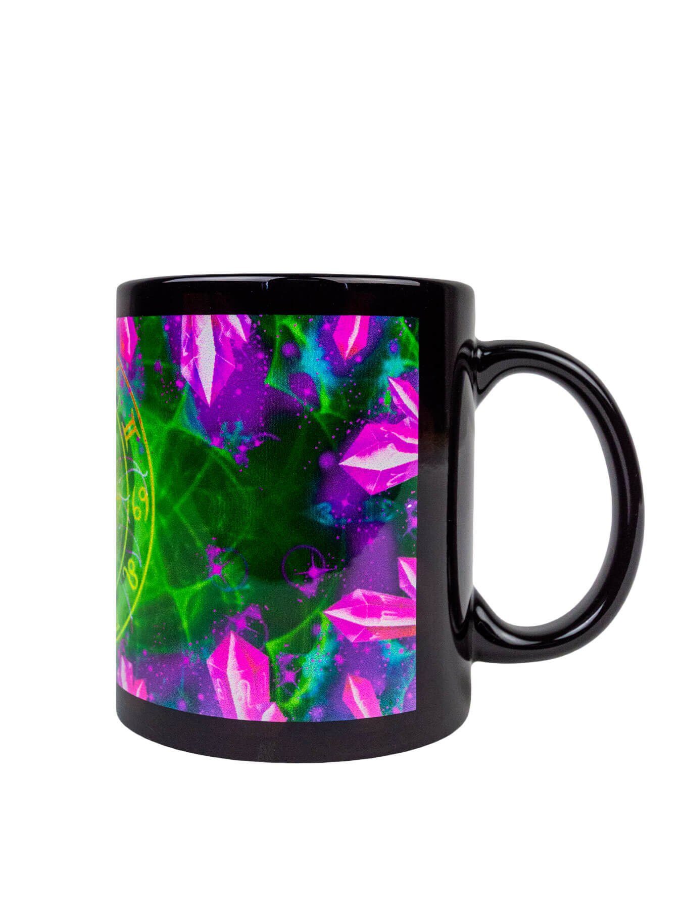 Tasse "Zodiac unter UV-aktiv, Neon Keramik, PSYWORK Fluo Green", Cup Motiv leuchtet Tasse Schwarzlicht Signs