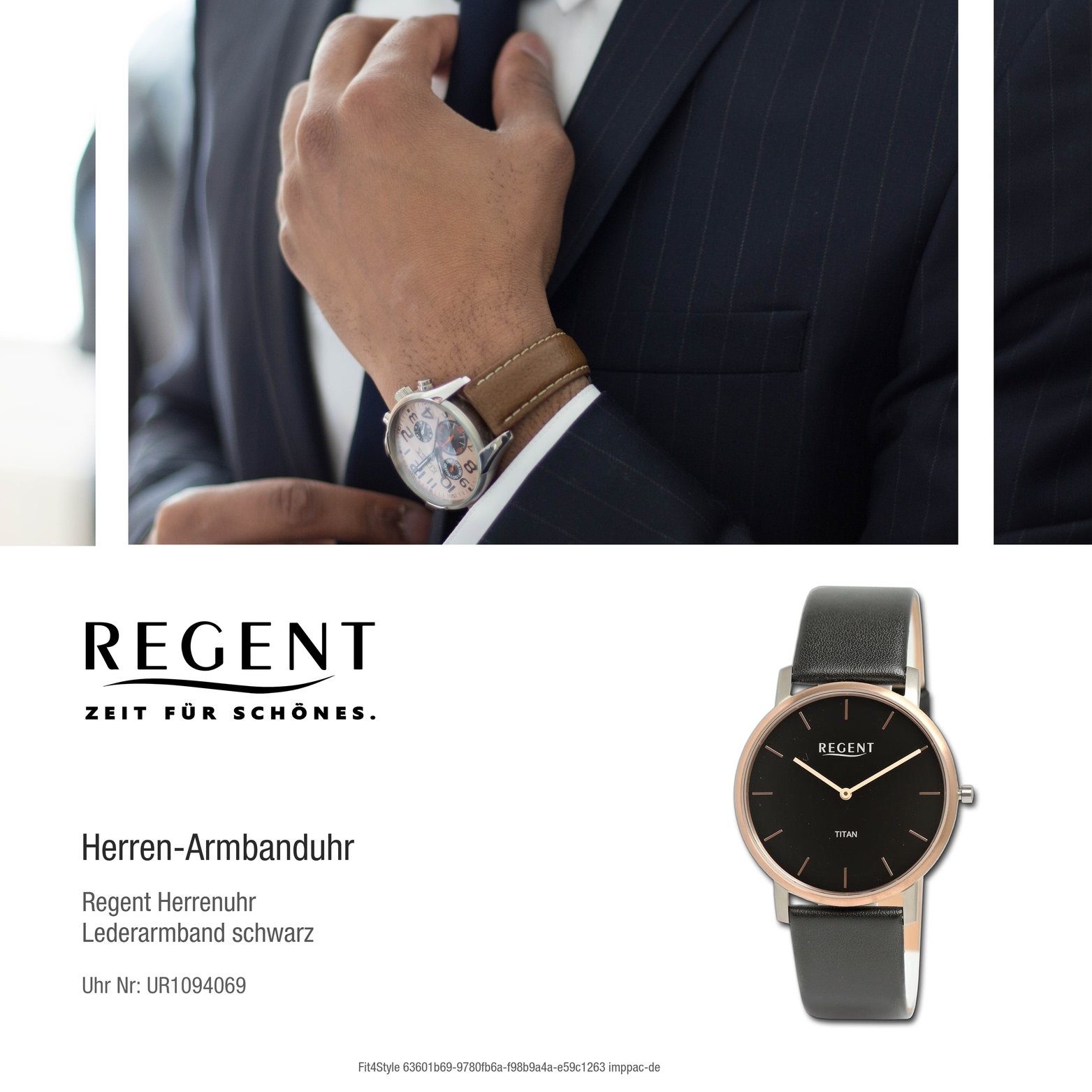 Regent Quarzuhr Herrenuhr (ca. schwarz, 39mm) Analog, Herren extra Lederarmband Armbanduhr Regent groß rundes Gehäuse