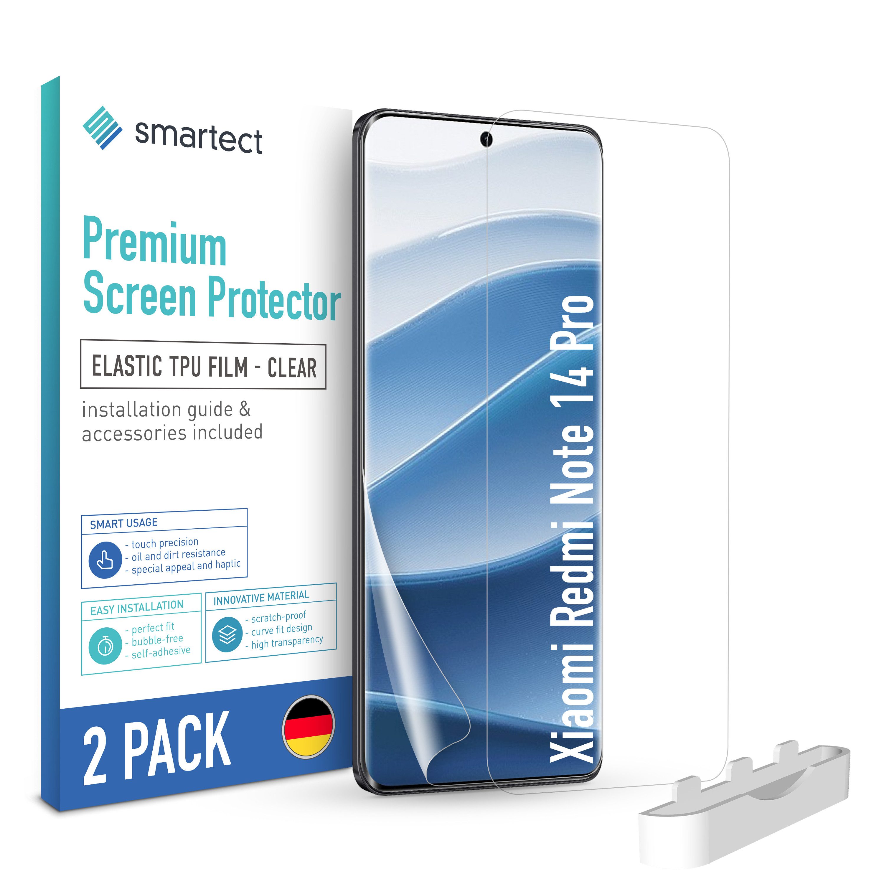 smartect Displayschutzfolie 2X TPU Schutzfolie Klar für Xiaomi Redmi Note 14 Pro für Xiaomi Redmi Note 14 Pro, Set, 2 Stück, Ultra-klar, Kratzfest, Blasenfrei, Oleophob, Fingerabdruck kompatibel