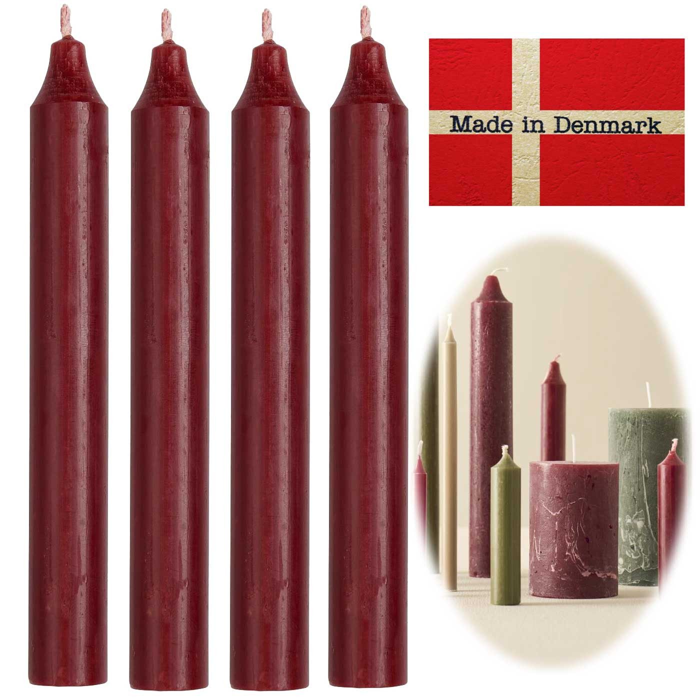 LS-LebenStil Tafelkerze Exklusive Stabkerzen Ribe Rustik 4´er Set Bordeauxrot 18x2,2cm (Made in Denmark - iB Laursen Denmark - Unparfümiert Spitzkerzen Tafelkerzen, 4-tlg., für Tischdeko Hochzeit Taufe Advent Weihnachten)