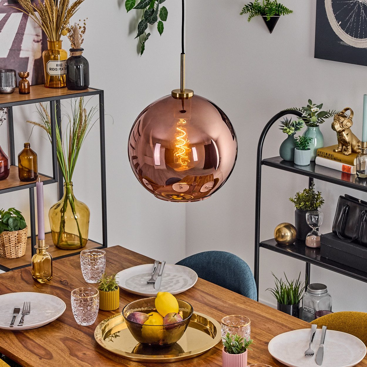 Hängeleuchte Hängelampe aus Metall/Glas in Schwarz/Gold-/Kupferfarben