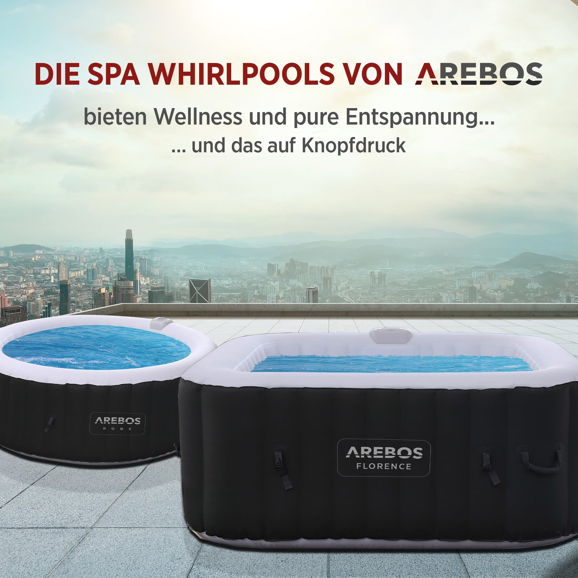 Arebos Whirlpool FLORENCE & BARECELONA Aufblasbar 4 oder 6 Personen mit 100/130 Düsen, (Komplett-Set), für Outdoor & Indoor