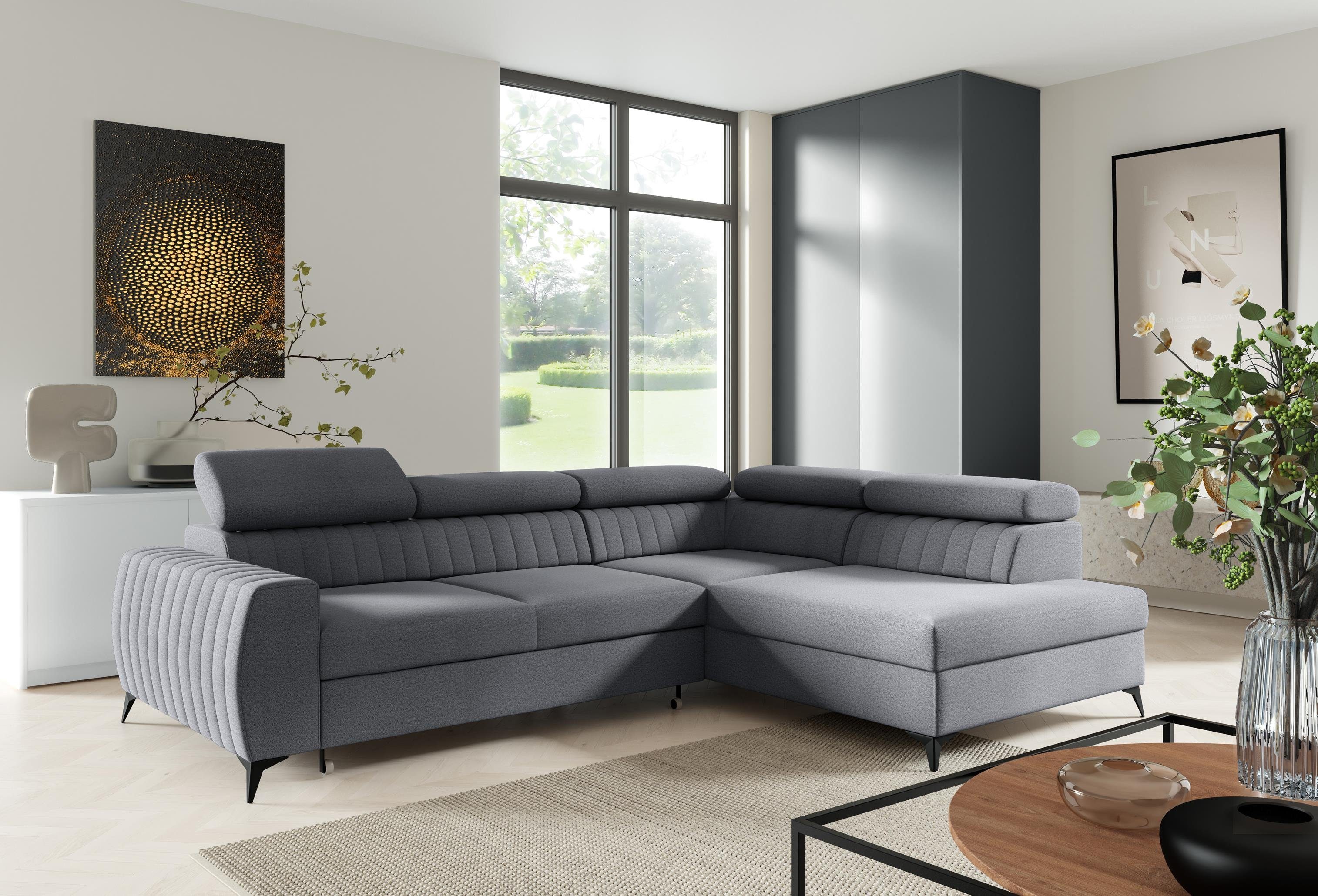 Furnix Sofa Ecksofa MEGGIE Polstercouch mit Schlaffunktion Bettkasten Auswahl, Maße: B270 x H95 x T200 cm, Liegefläche: 130 x 204 cm EL23 Grau