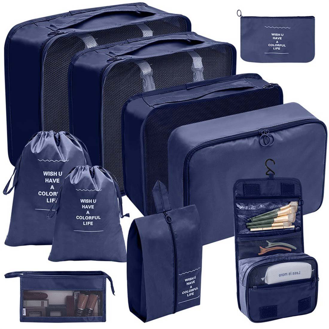 YANN Aufbewahrungstasche Tragbares Reise-Aufbewahrungstaschen-Set mit 10 Stück, (Kleidung, Schuhe, Gepäck und Reisetasche, 10-tlg), Aufbewahrungstasche für Toilettenartikel und Kosmetika Navy blau