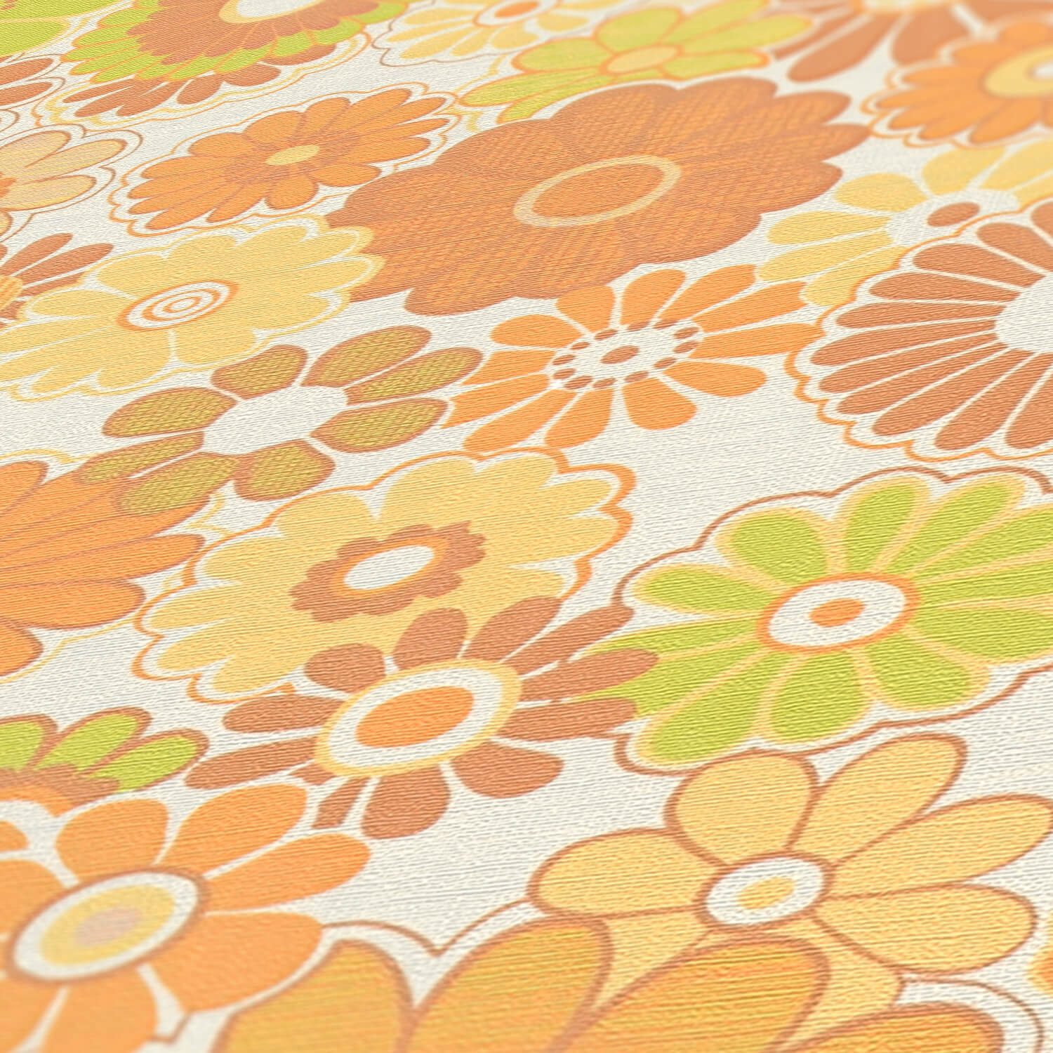 Profhome Vliestapete 395355-GU Retro Tapete Blumen matt gelb ocker-braun creme-weiß, geprägt, (1 Rolle, 4,51 qm), heißgeprägte Vliestapete, gelb