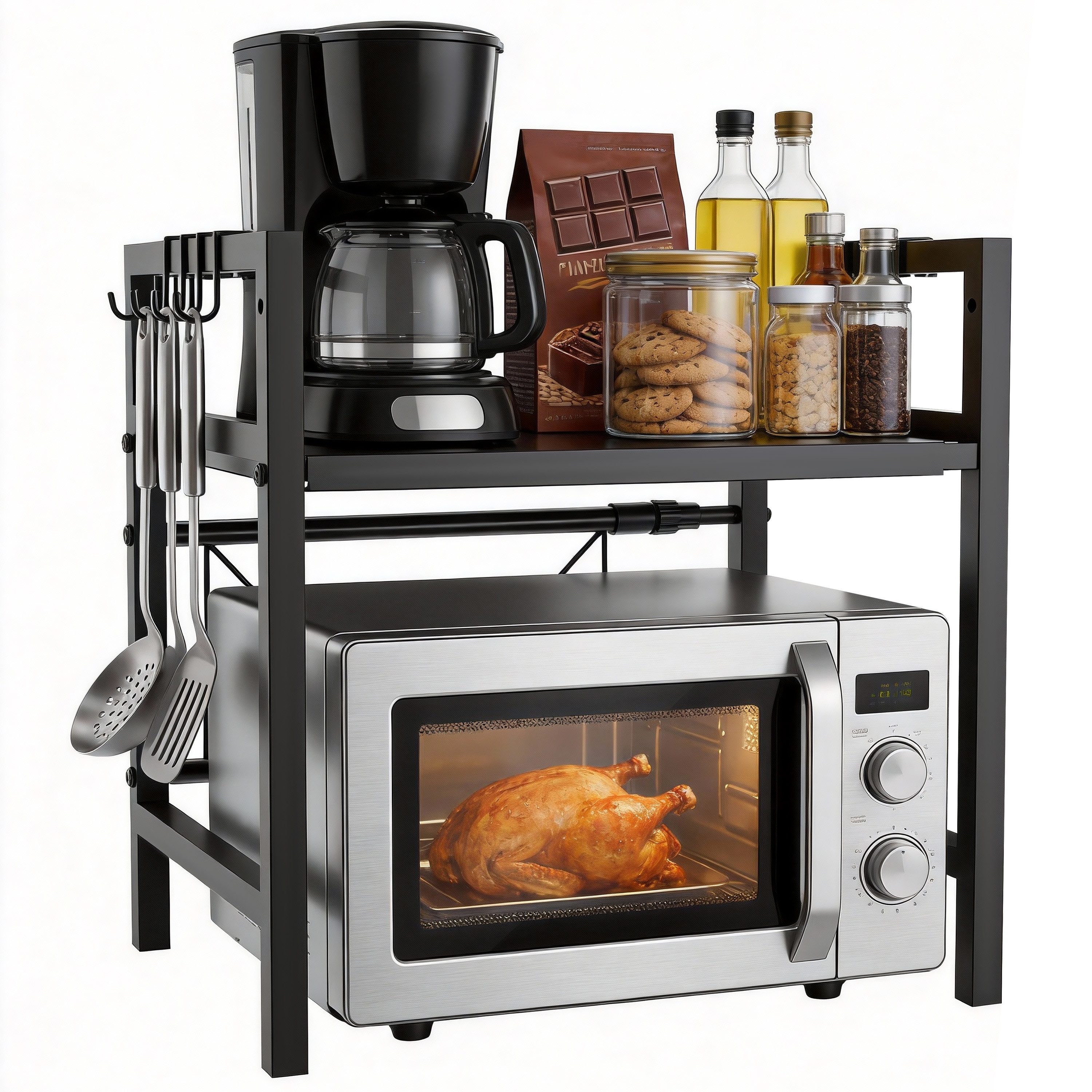 Ribelli Küchenregal Erweiterbares Mikrowellenregal 2 Stufig Küchenregal Stehend Stahl, Mikrowellen Regal mit 4 Haken