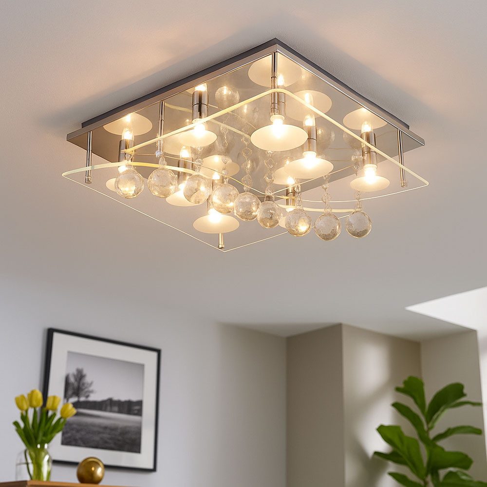 Esto Deckenleuchte, Leuchtmittel nicht inklusive, Deckenleuchte Chrom Beleuchtung Kristall Glas Wohnzimmer quadratisch
