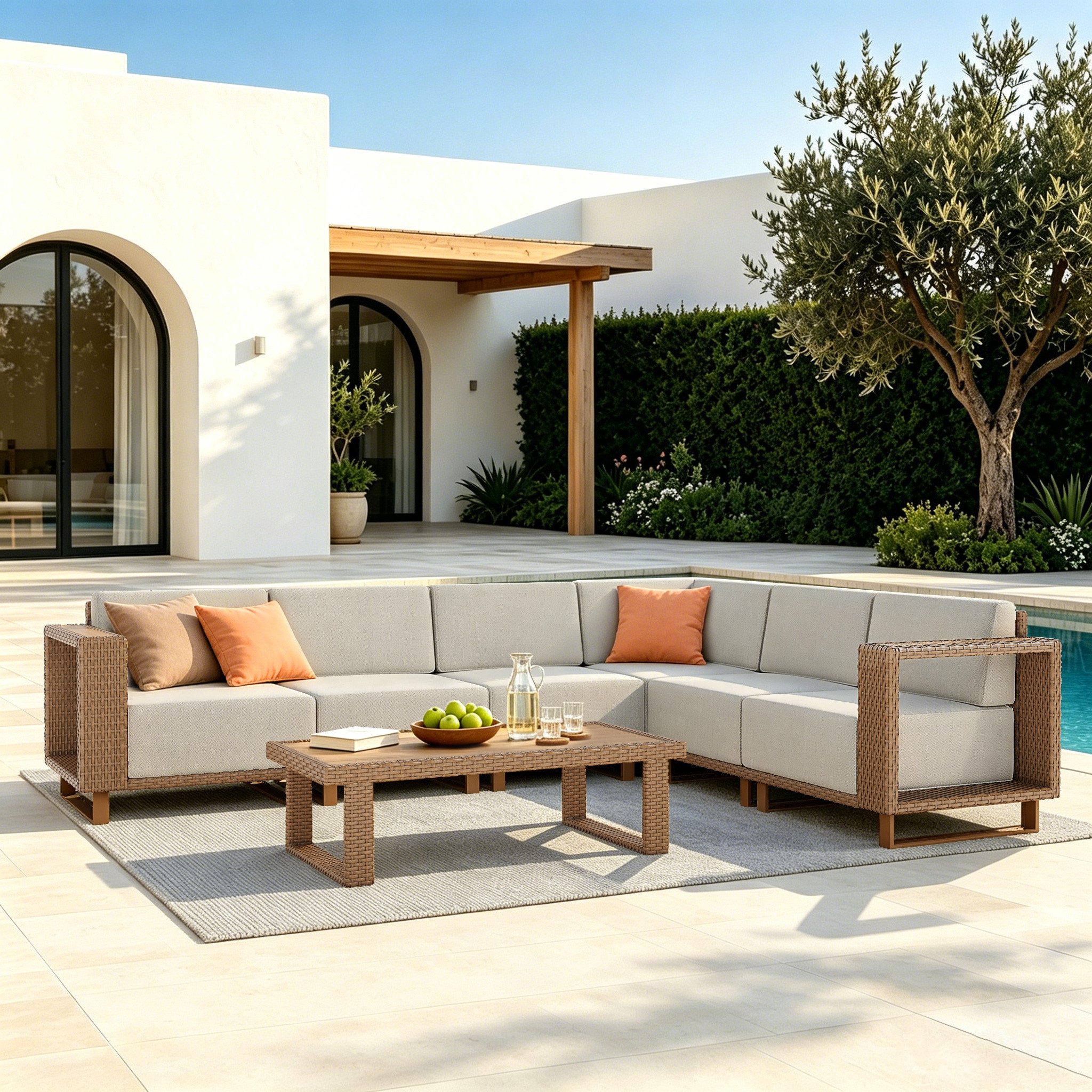 PHI VILLA Gartenlounge-Set, (Rattan Gartenmöbel Set Balkonmöbel, Allwetter Gartensofa Terassenmöbel Außen mit Dicken Weißen Kissen), Lounge Möbel Outdoor Sofa Sets für Garten und Terrasse