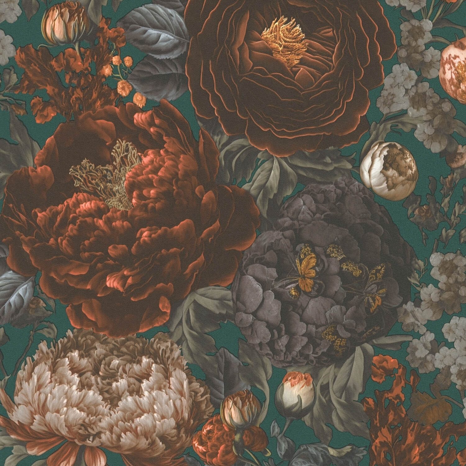 Profhome Vliestapete 399793-GU Blumen Tapete Floral matt grün braun grau, glatt, (1 Rolle, 5,33 qm), heißgeprägte Vliestapete, petrol