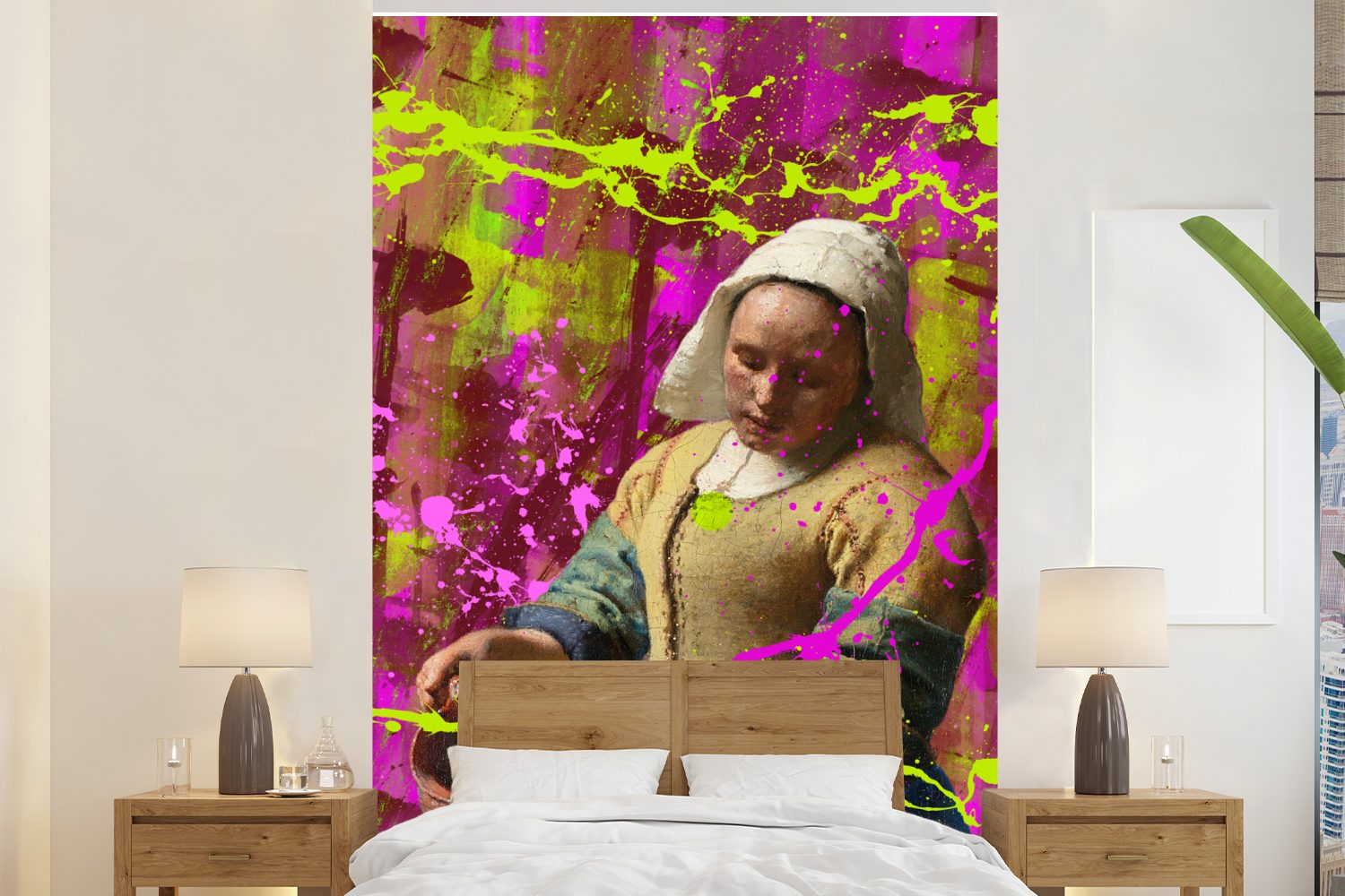 MuchoWow Fototapete Milchmädchen - Johannes Vermeer - Neon, Matt, bedruckt, (3 St), Montagefertig Vinyl Tapete für Wohnzimmer, Wandtapete