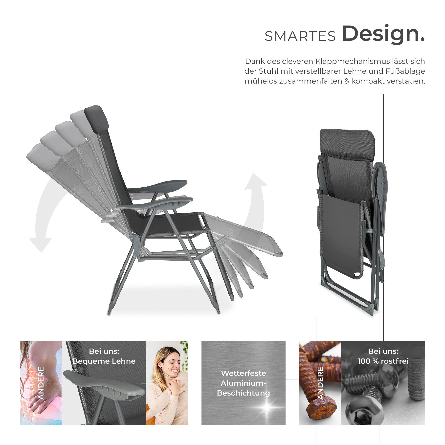 tectake Gartenstuhl Balkonstuhl, klappbar, Textilene-Gewebe, 146,5 x 59 x 117,5 cm (Terrassenstuhl Jana für Außen in Antrazit, 2 St), wetterfest und UV-beständig, verstellbare Rückenlehne mit Kopfpolster