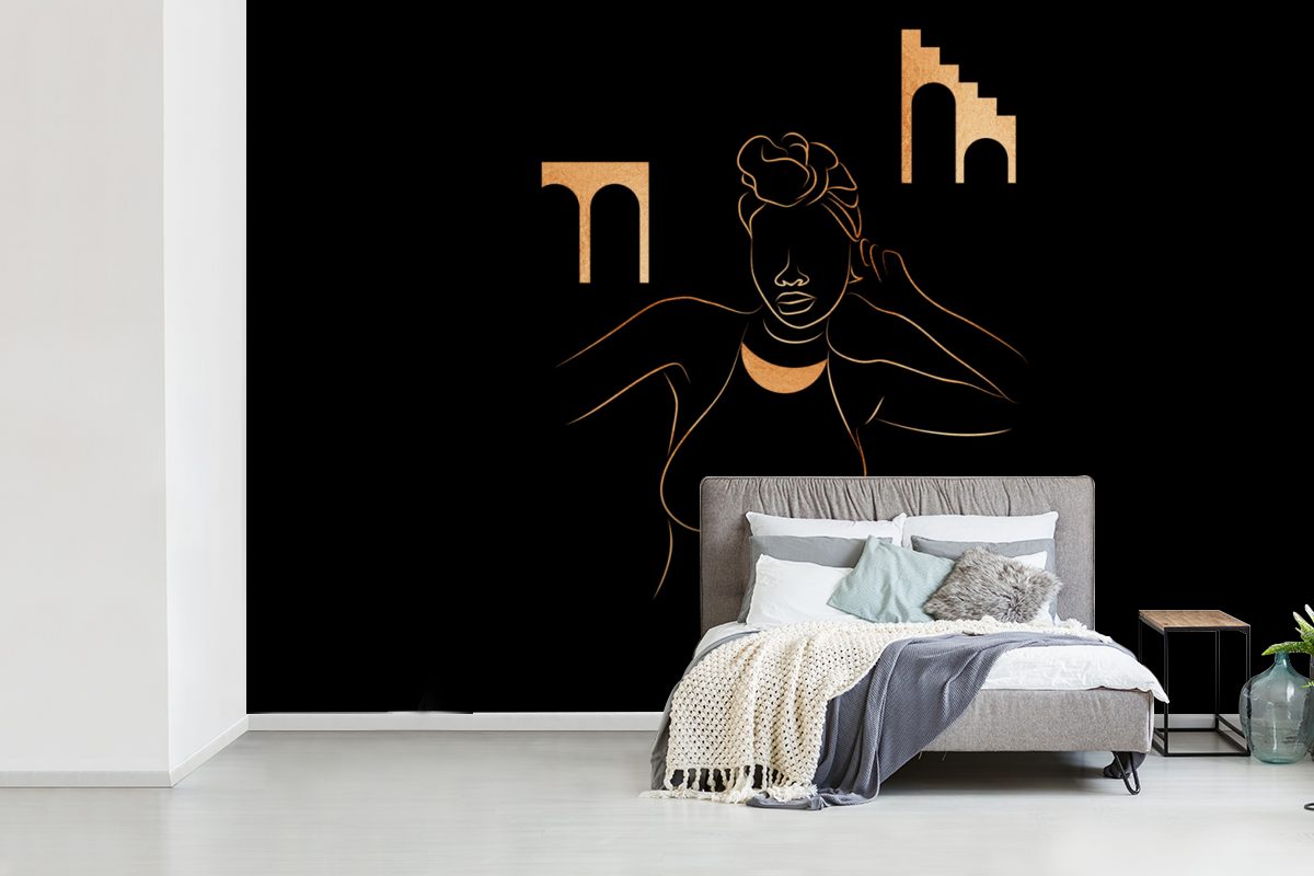 Schlafzimmer, Vinyl Frau Tapete Strichzeichnung, MuchoWow Wallpaper Fototapete für Gold bedruckt, (6 Kinderzimmer, - Matt, Wohnzimmer, St), -