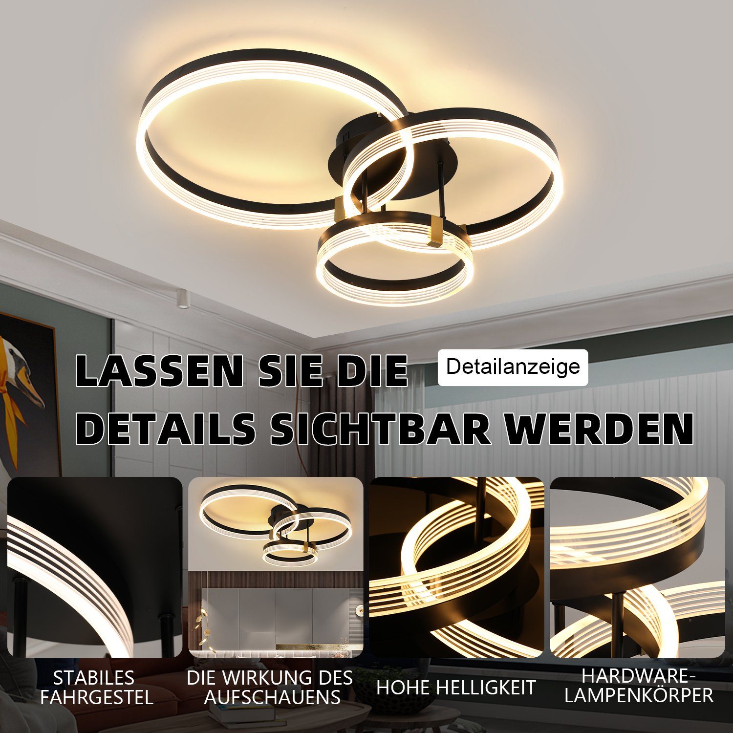 Schwarz Deckenleuchte oyajia Ø30+40+50 Dimmbare, fest integriert, Schlafzimmer LED cm, Modern Deckenbeleuchtung Wohnzimmerlampe LED Küche ‎Kaltweiß, 3 für Warmweiß, Ring Büro Design Ringoptik -30cm+40cm+50cm 42W, Deckenlampe Neutralweiße,